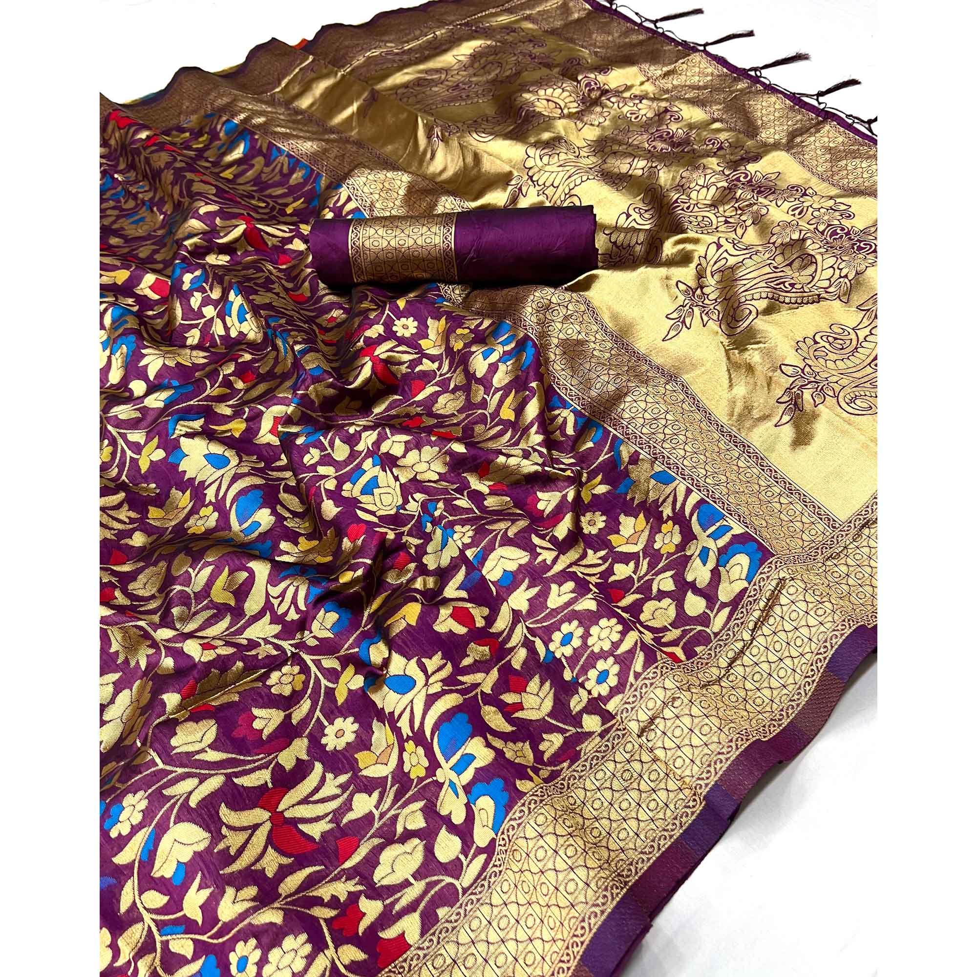 Purple Floral Woven Art Silk Saree