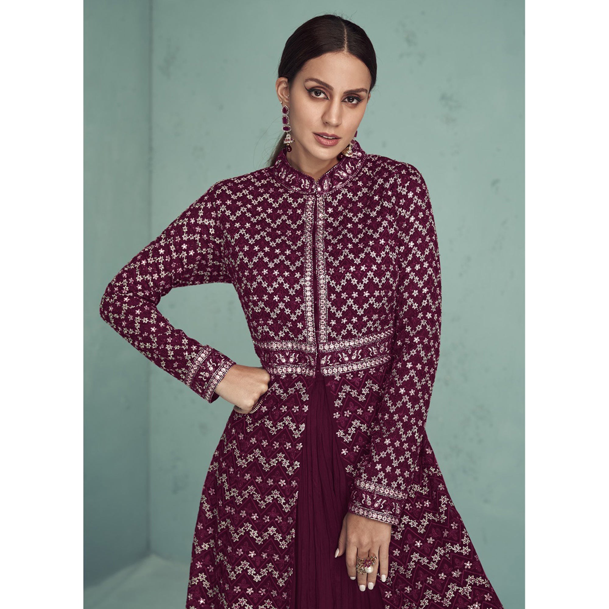 Maroon Floral Embroidered Georgette Front Slit Suit