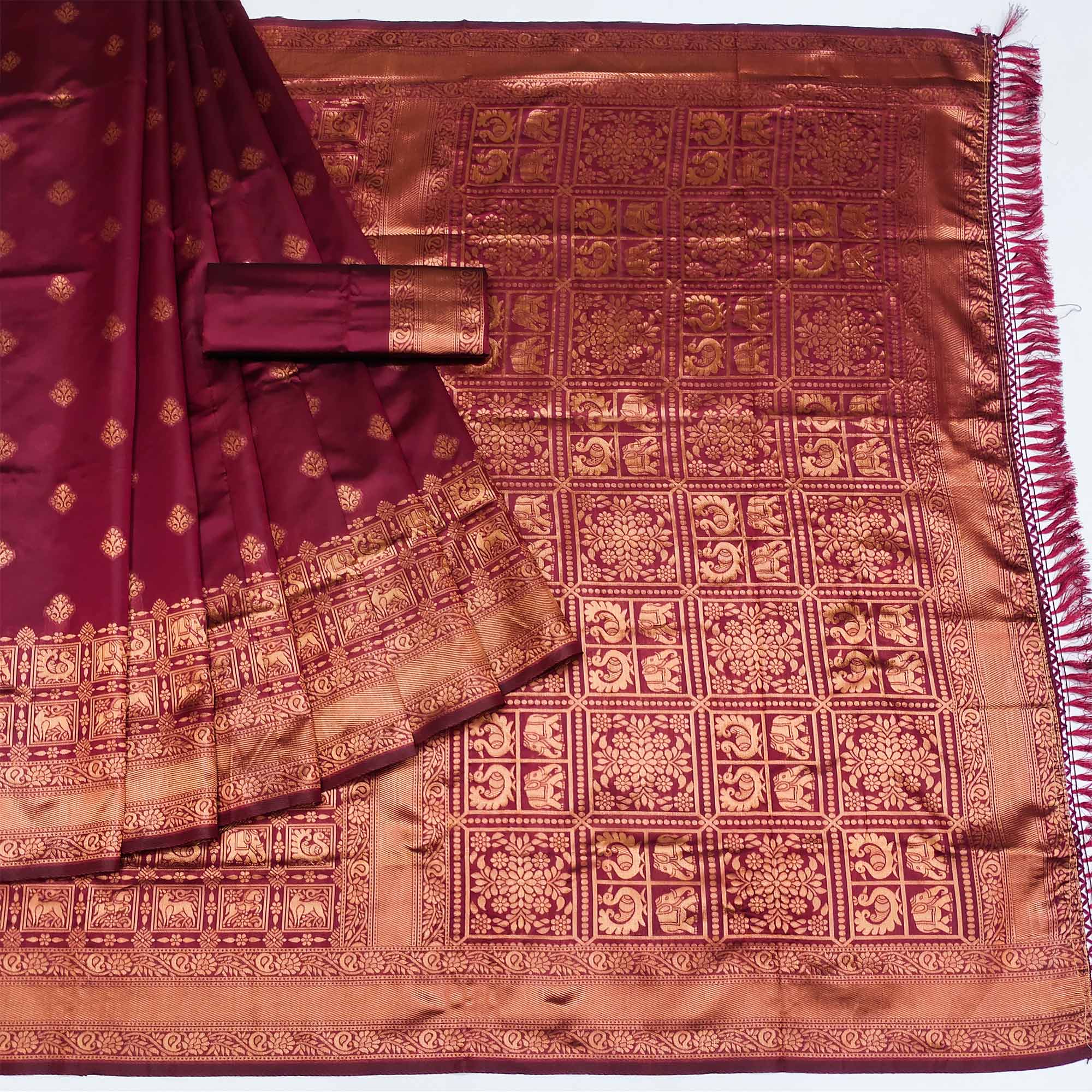 Maroon Woven Jacquard Saree With Tassels