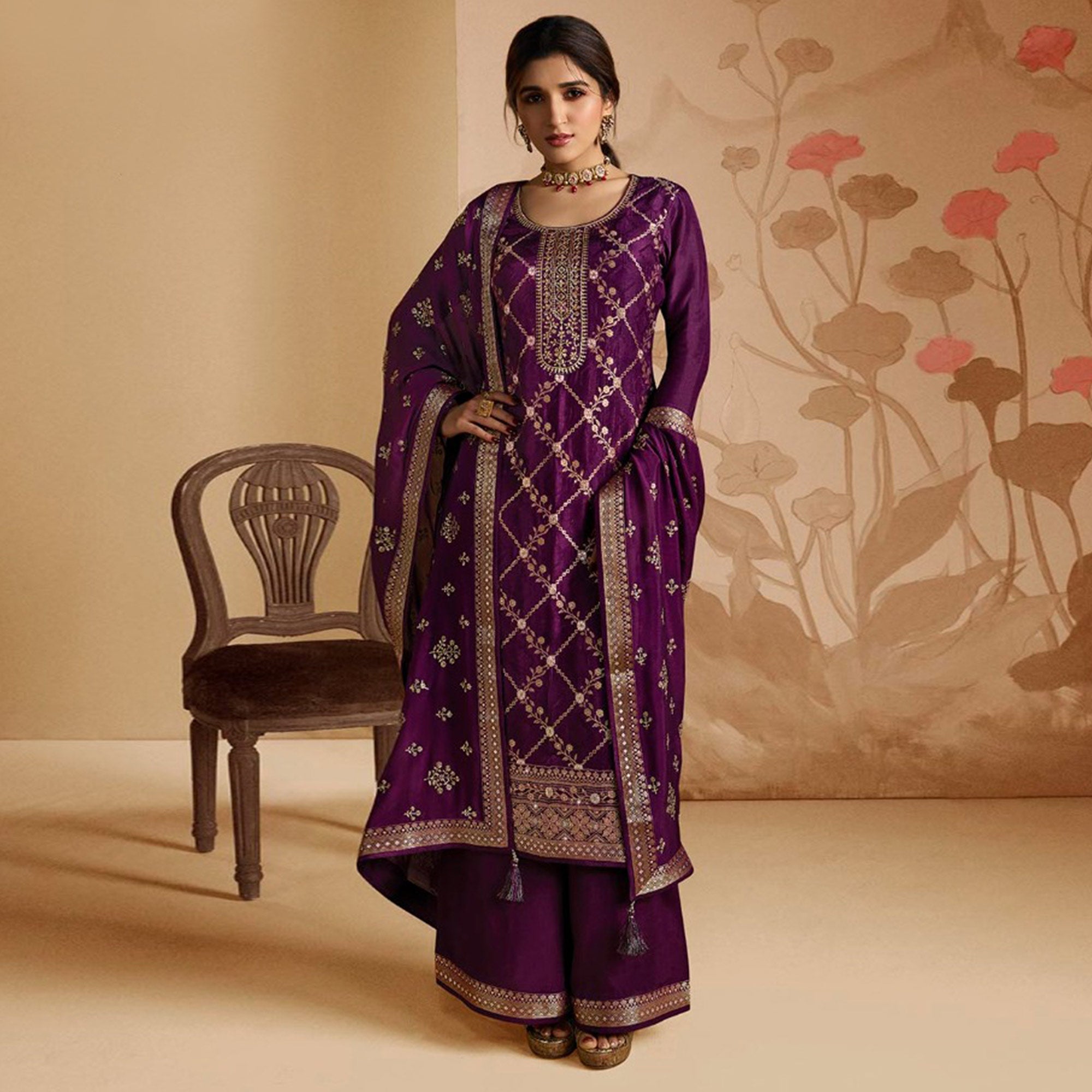 Purple Woven And Embroidered Dola Silk Palazzo Suit