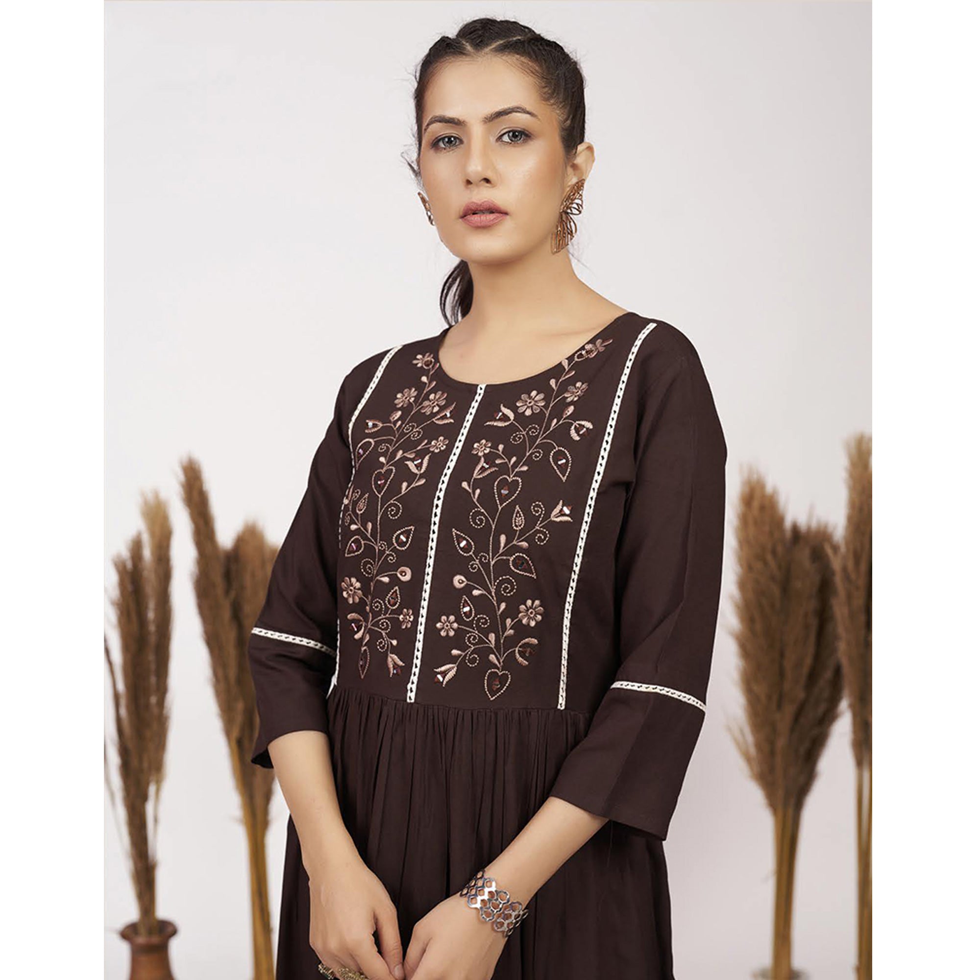 Brown Floral Embroidered Rayon Short Dress