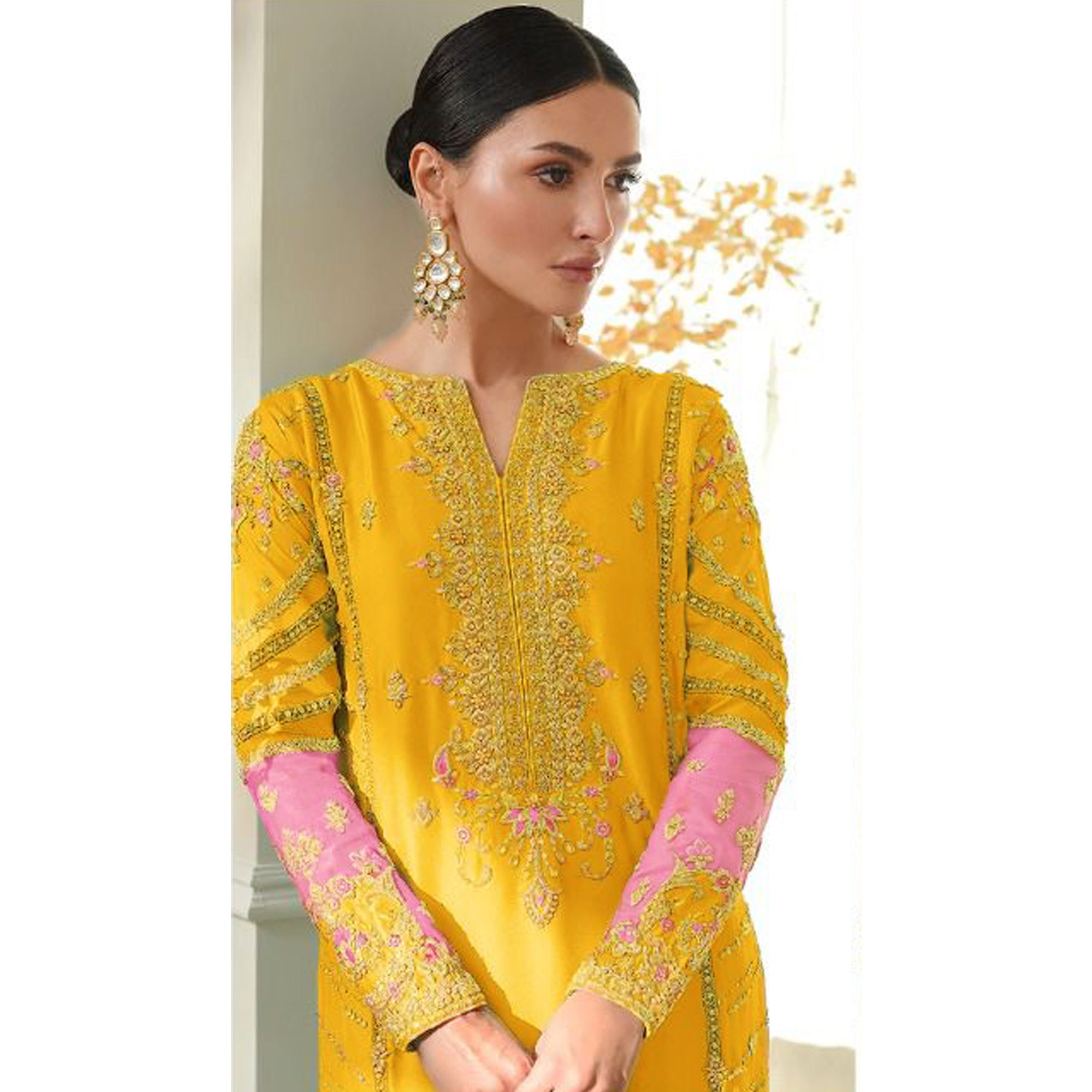 Mustard Sequins Embroidered Georgette Pakistani Suit