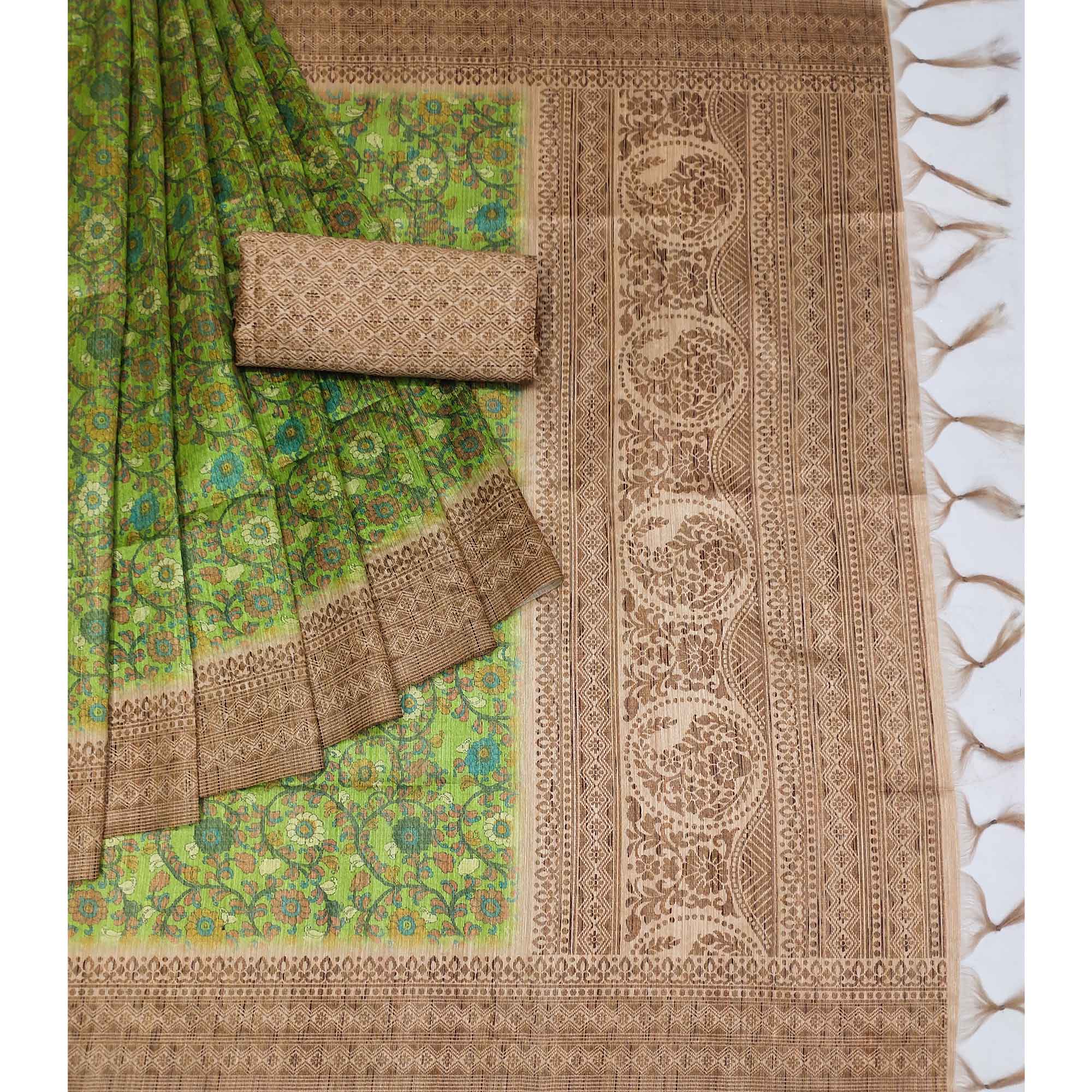 Green Floral Printed Cotton Silk Saree With Tassels