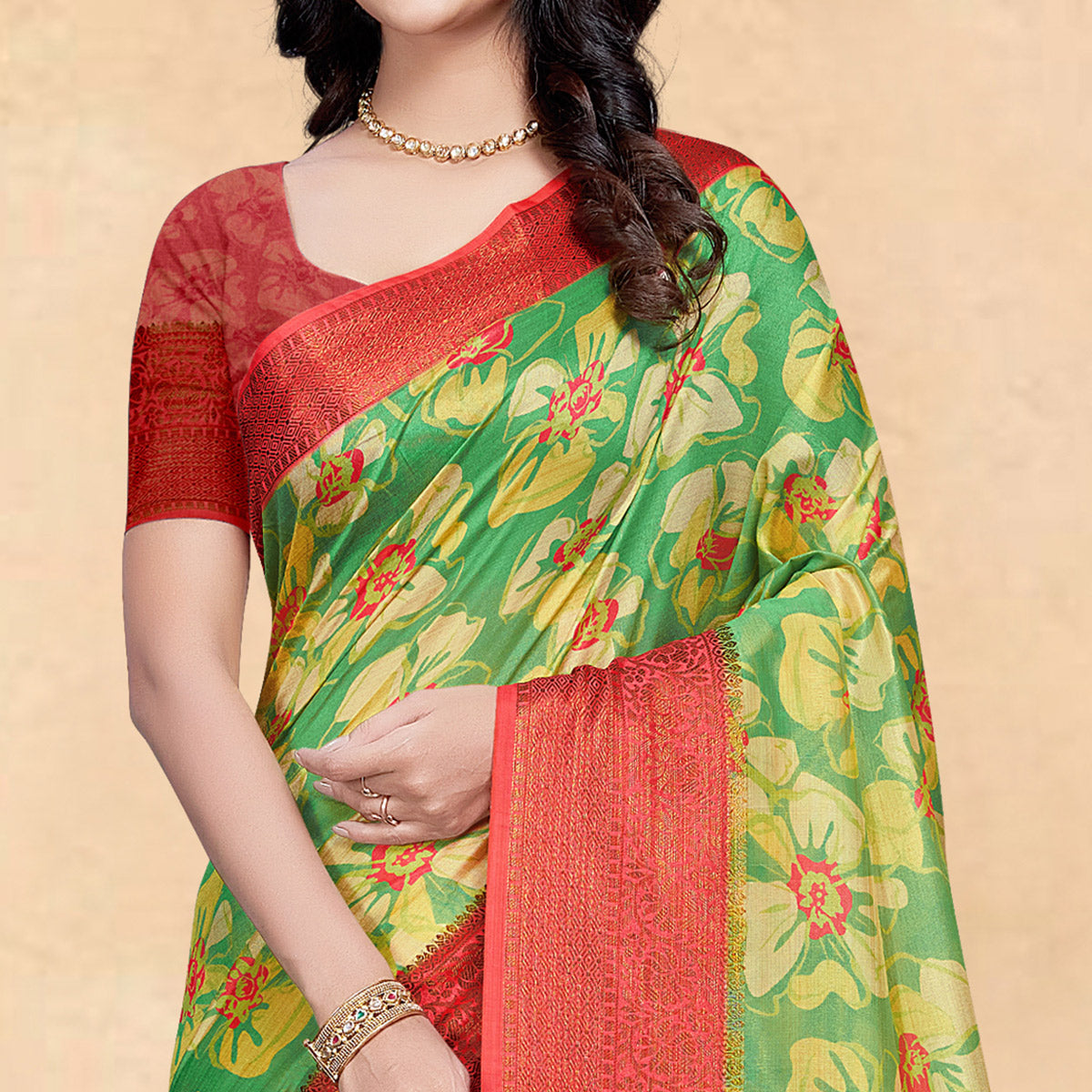 Green Floral Digital Printed Tussar Silk Saree