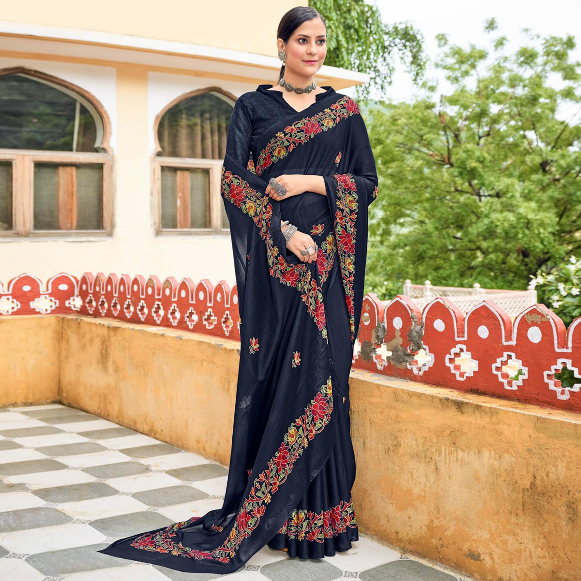 Black Floral Printed Georgette Saree