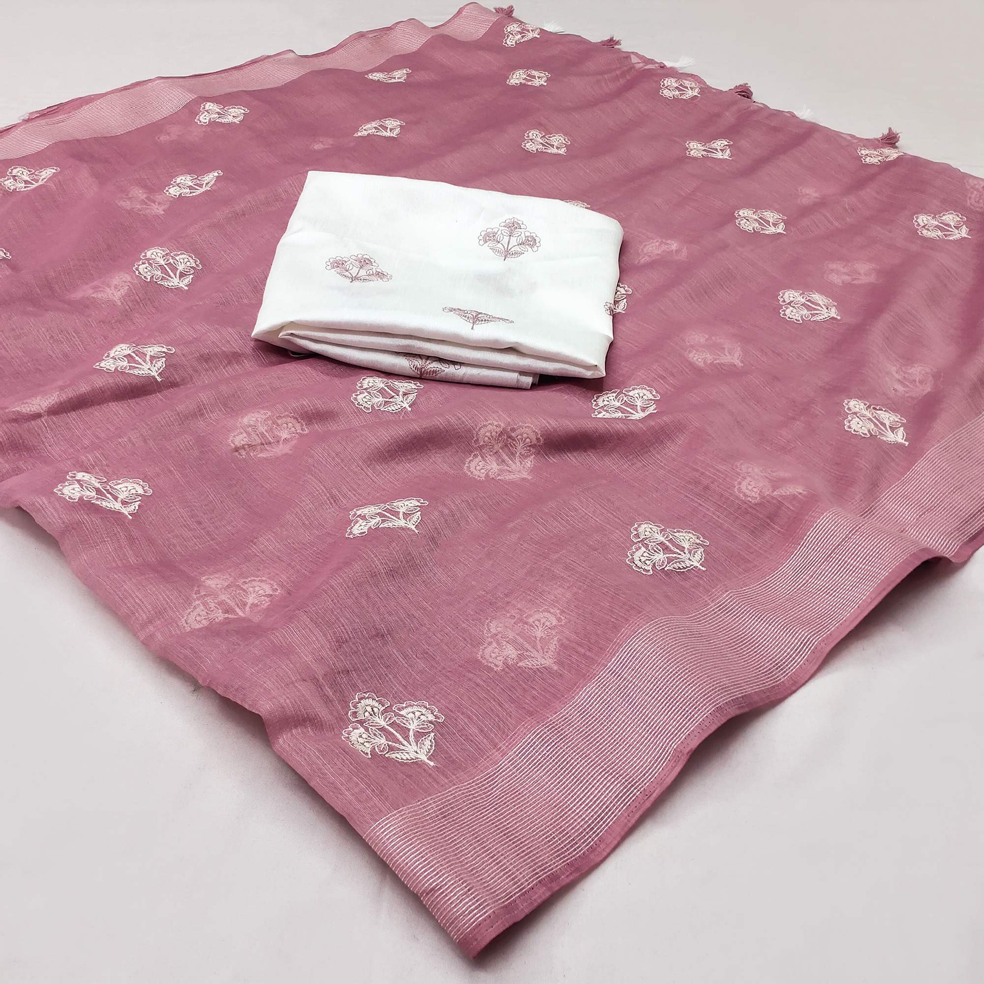 Dusty Pink Floral Embroidered Raw Silk Saree