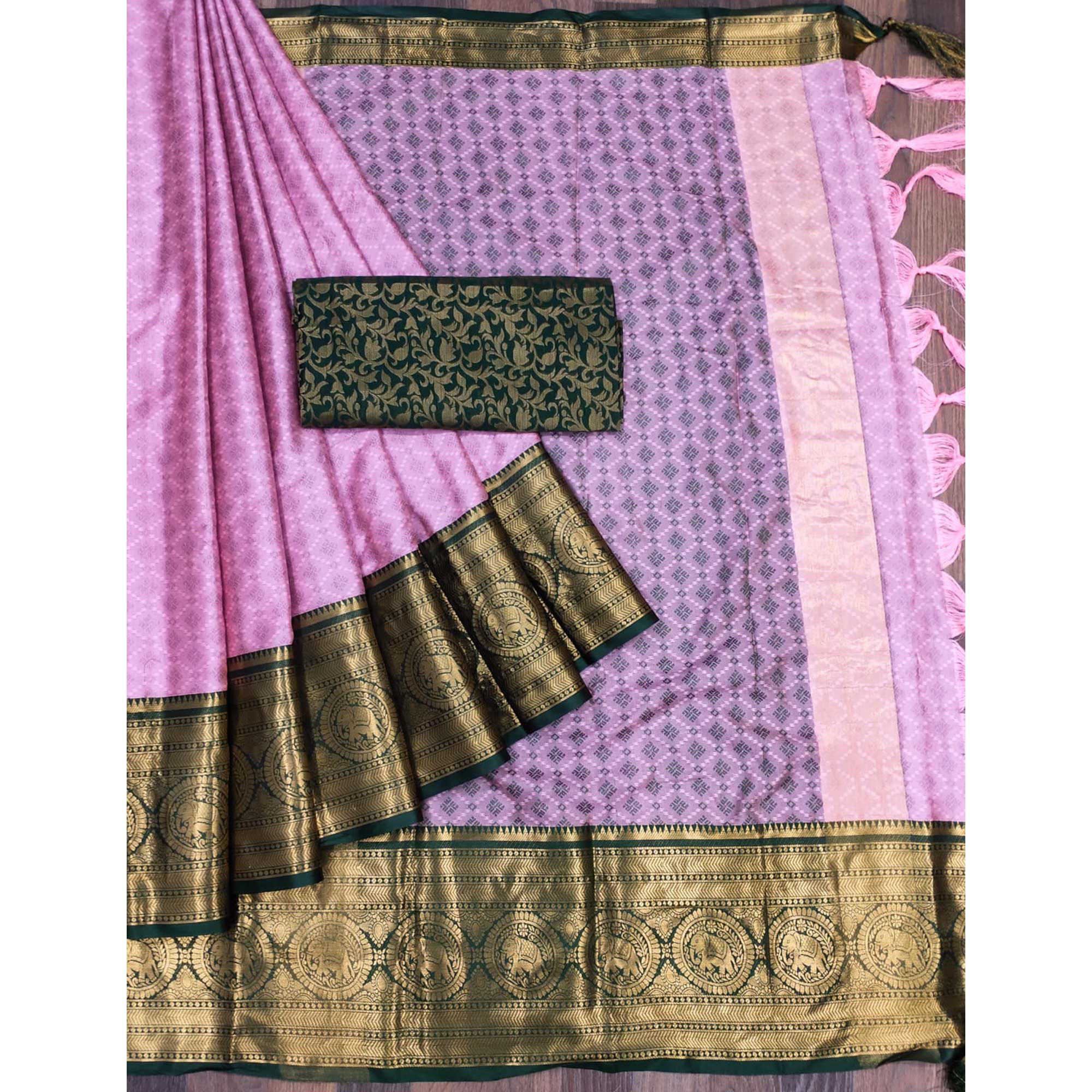 Baby Pink Woven Cotton Silk Saree With Tassels