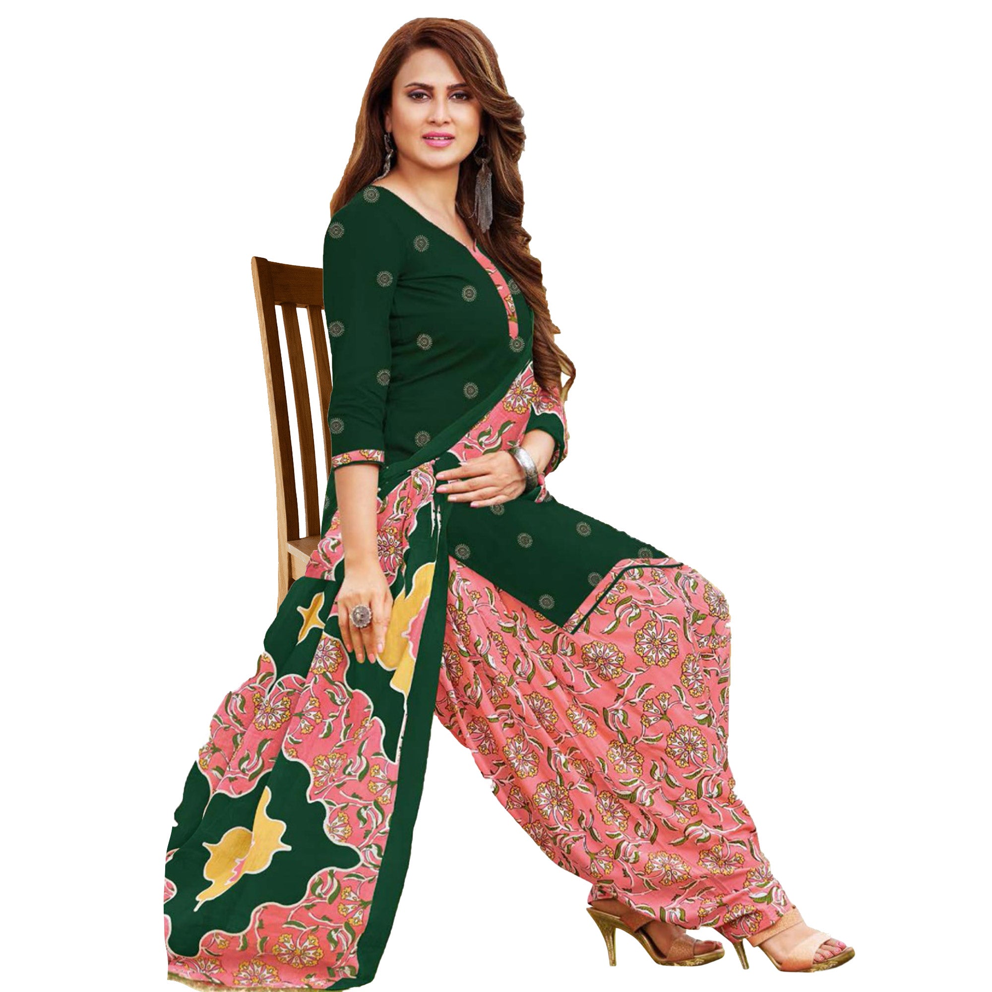 Green Printed Crepe Patiala Dress Material