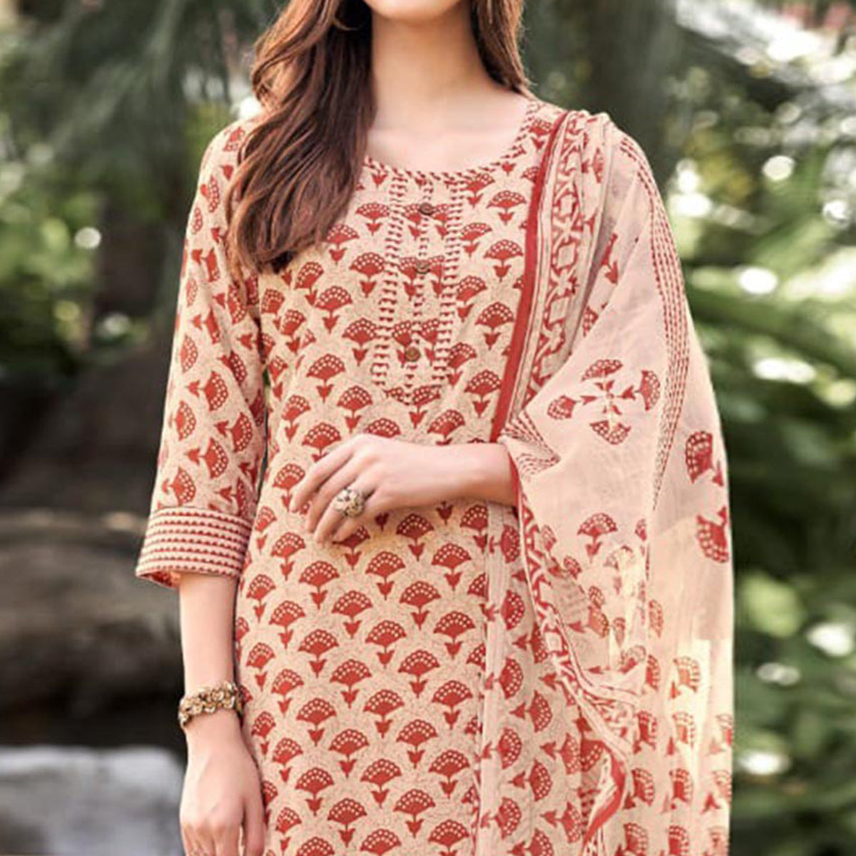 Beige Floral Printed Cotton Blend Suit