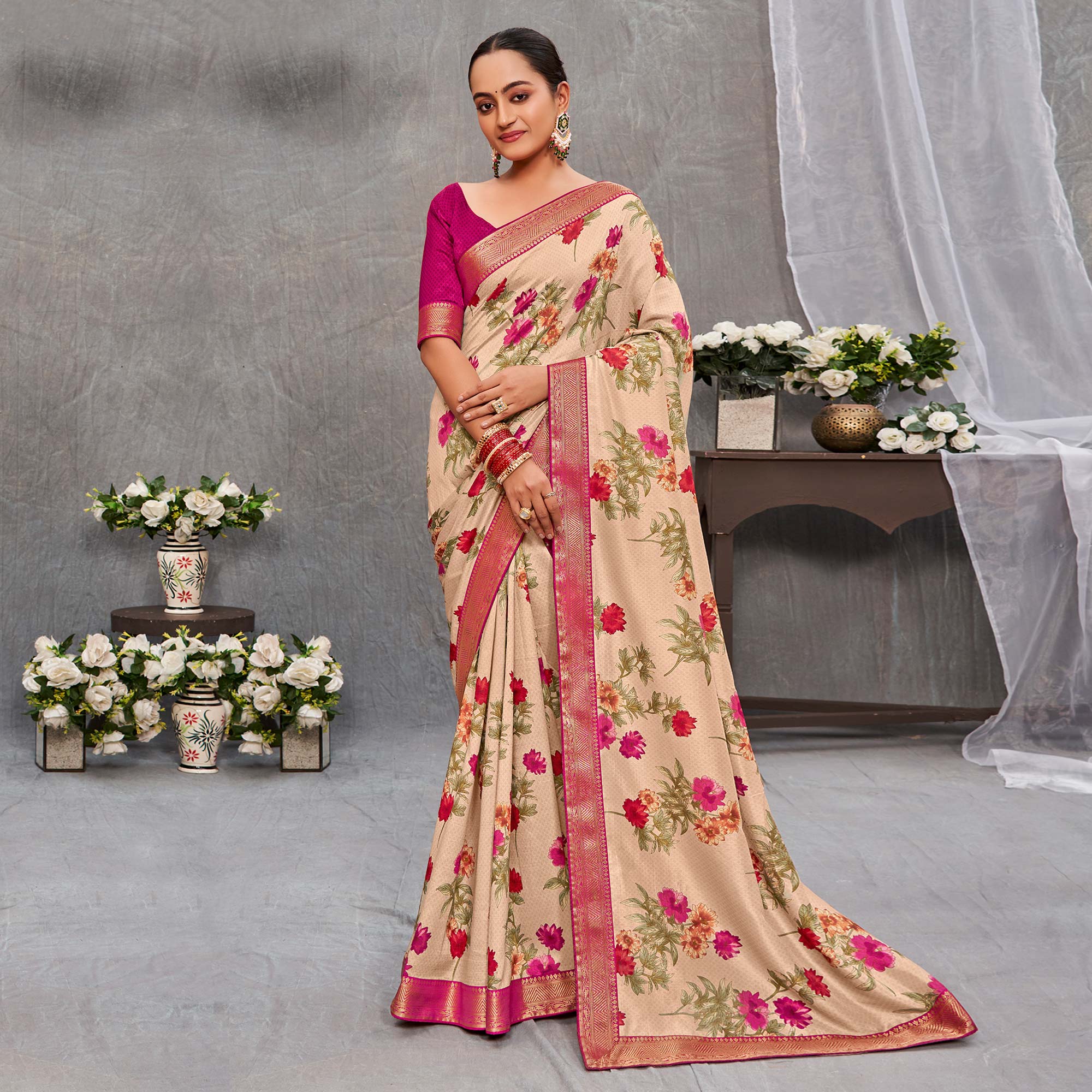 Beige Floral Printed Tussar Silk Saree