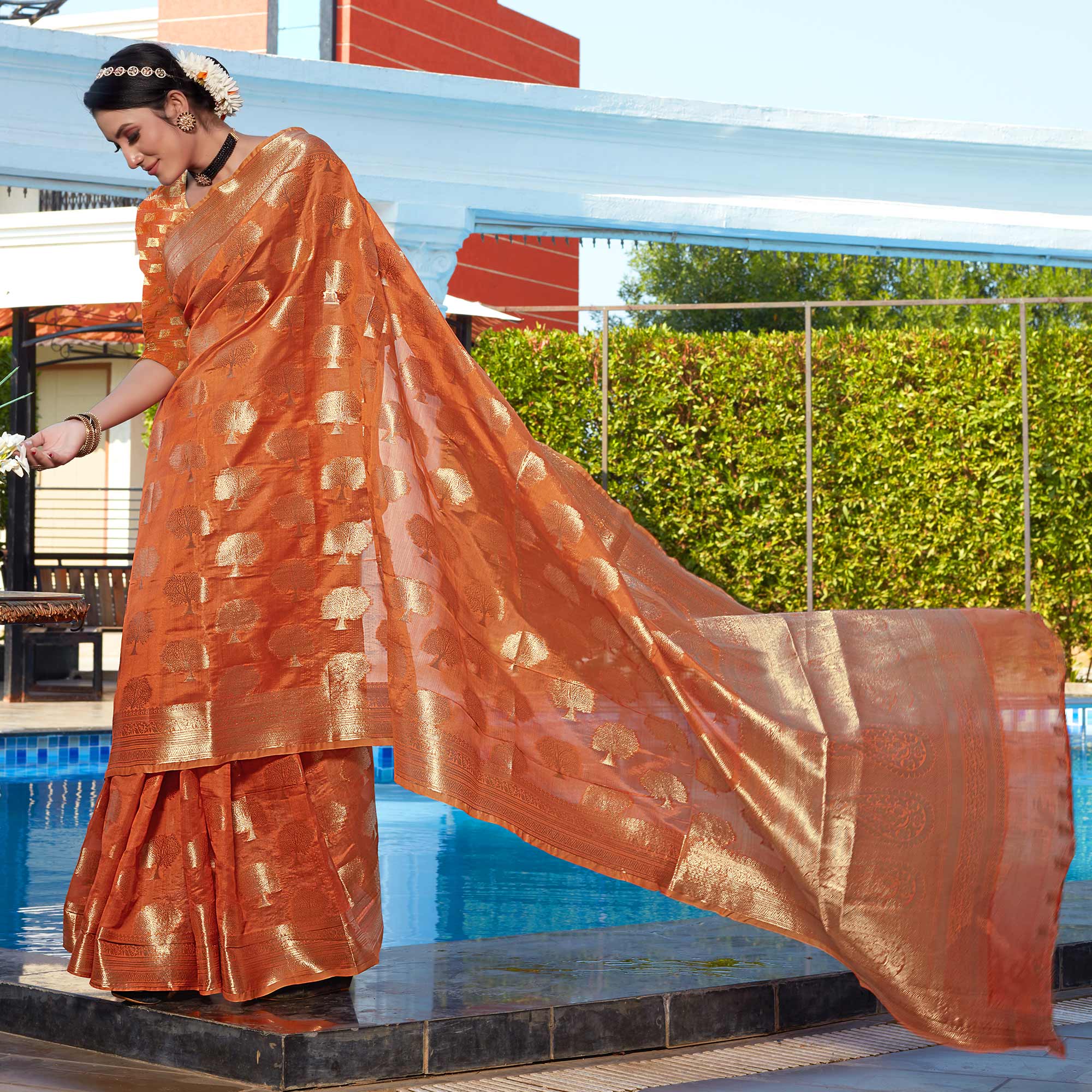 Orange Woven Organza Saree