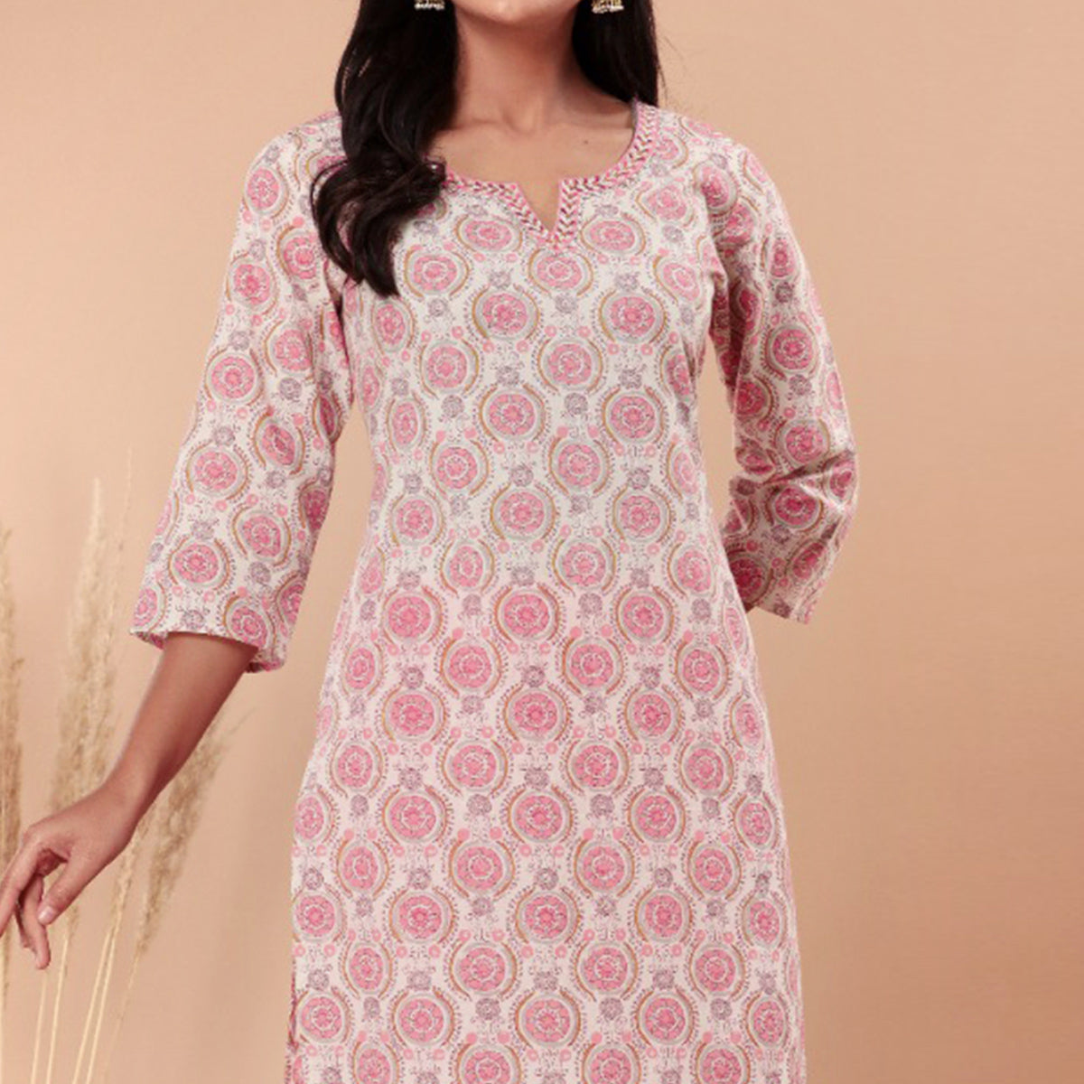 Pink Floral Printed Pure Cotton Kurti