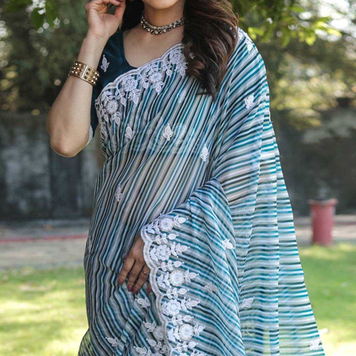 Blue Digital Printed With Embroidered Organza Saree