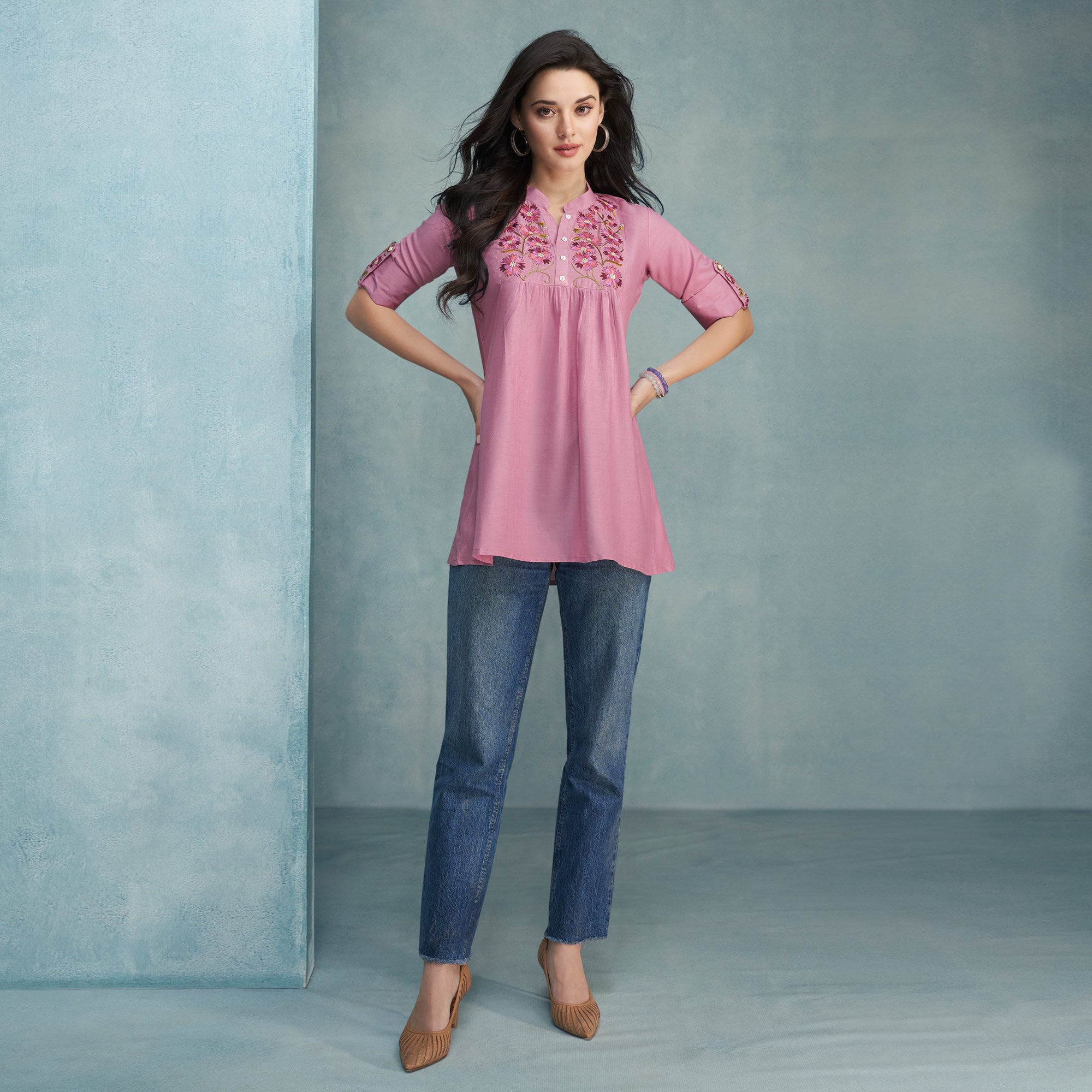 Pink Floral Embroidered Rayon Top