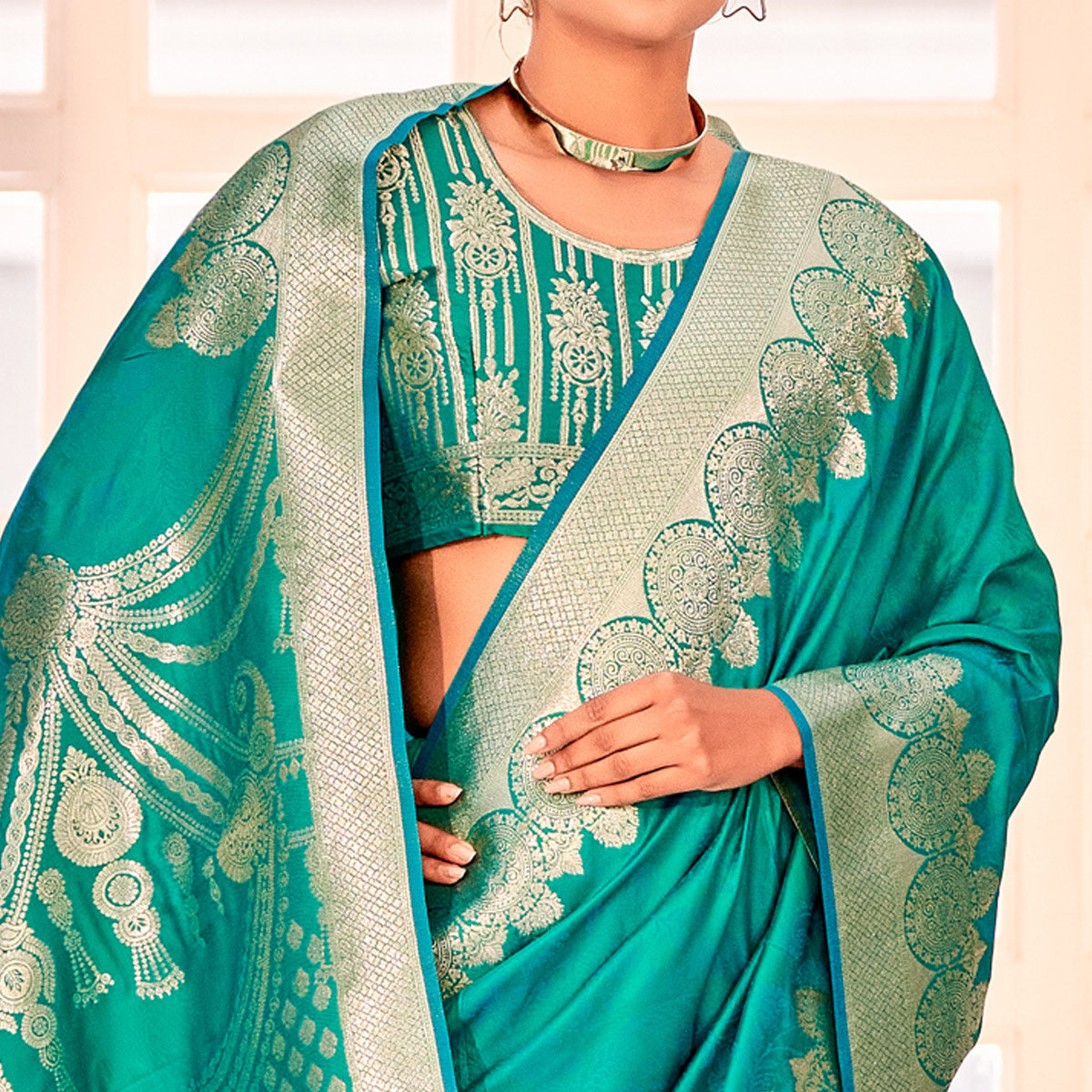 Turquoise Woven Satin Saree