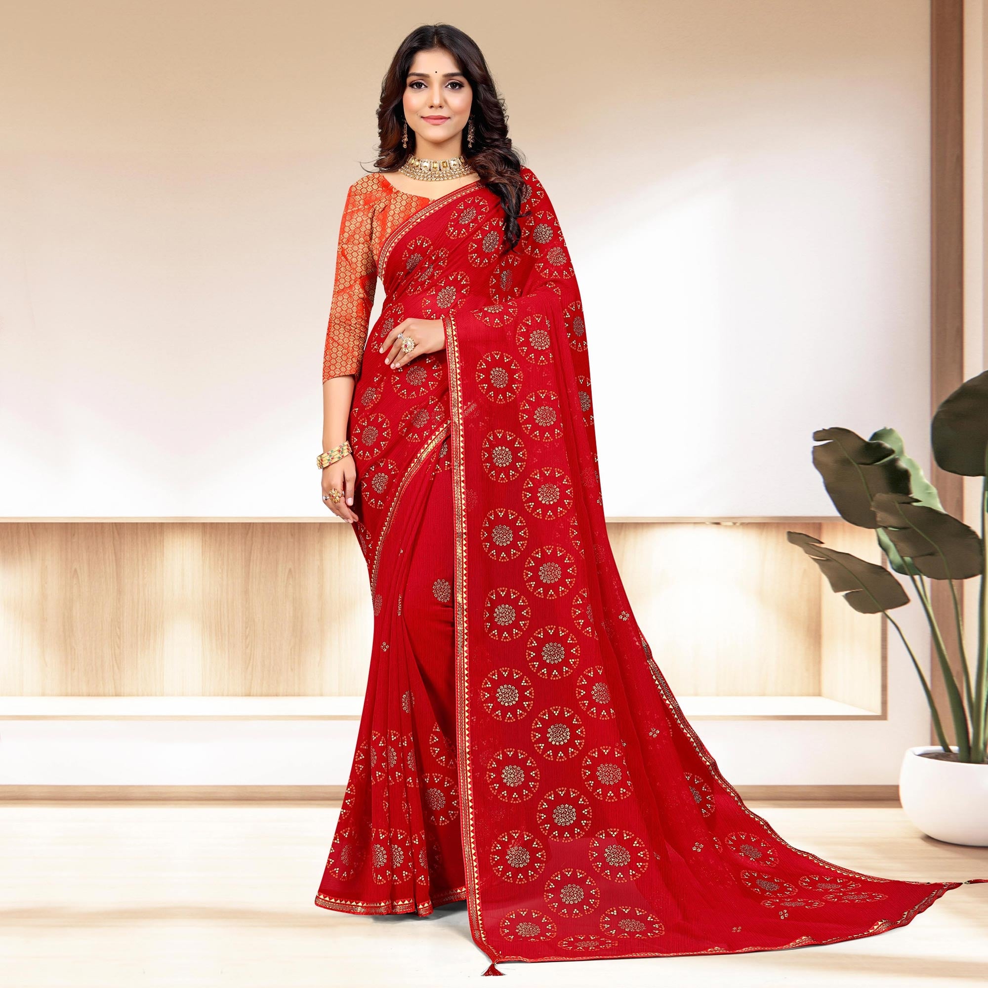 Red Bandhani Printed Chiffon Saree