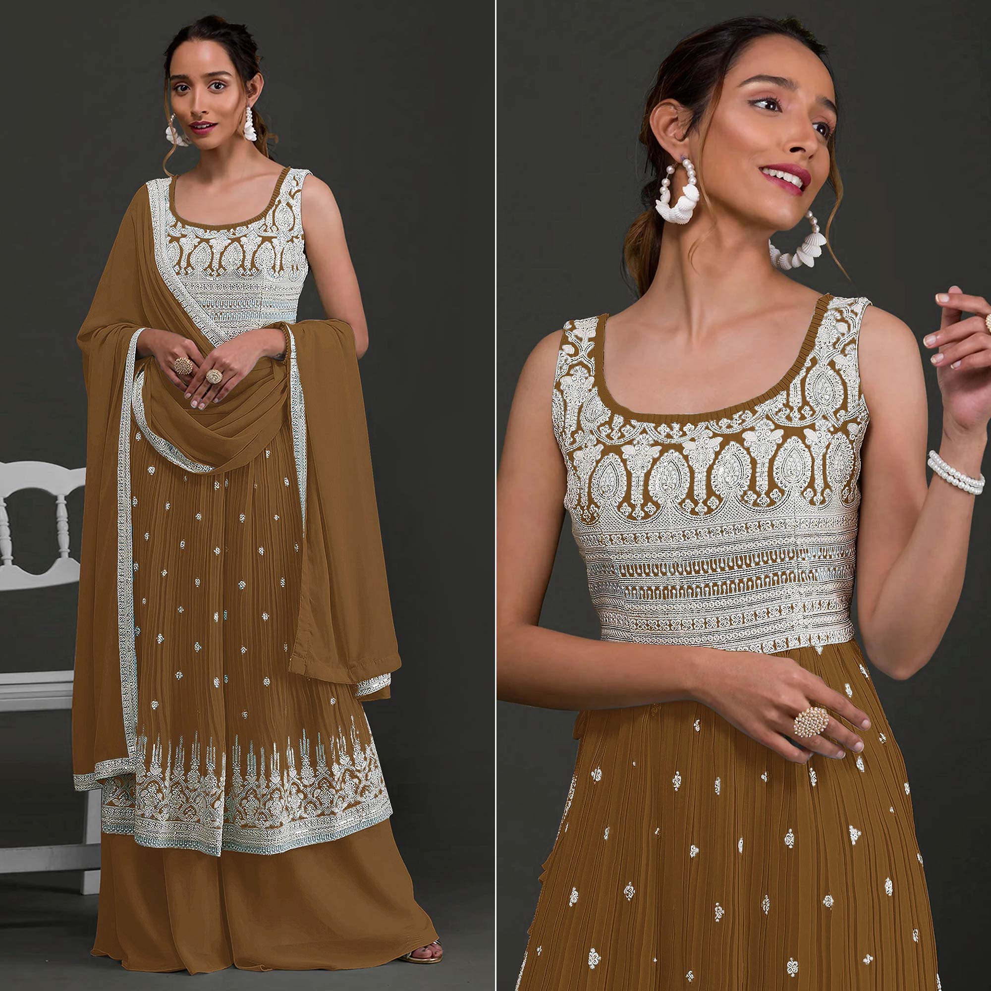 Brown Embroidered Georgette Naira Cut Palazzo Suit