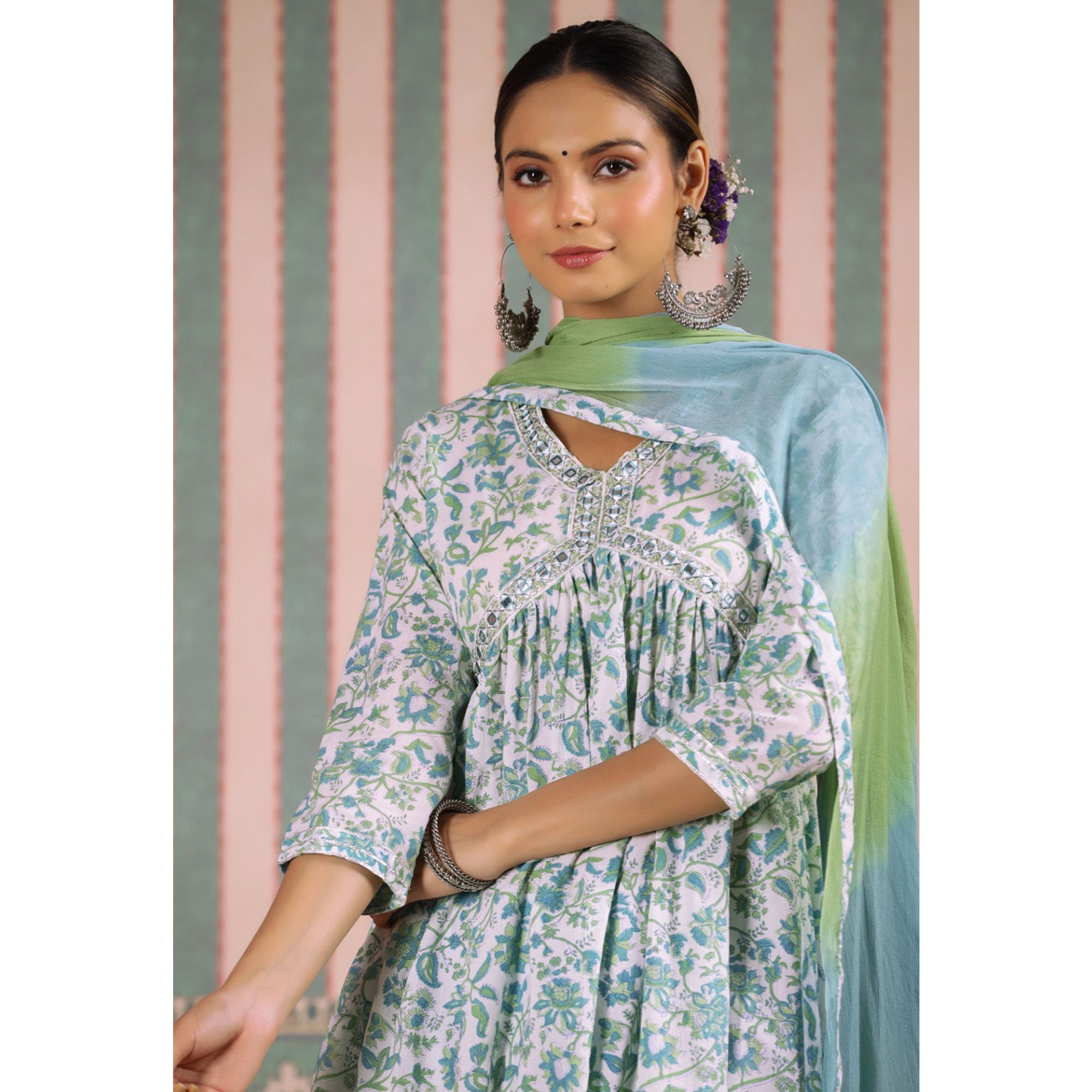 Aqua Blue Floral Printed Pure Cotton Alia Cut Suit