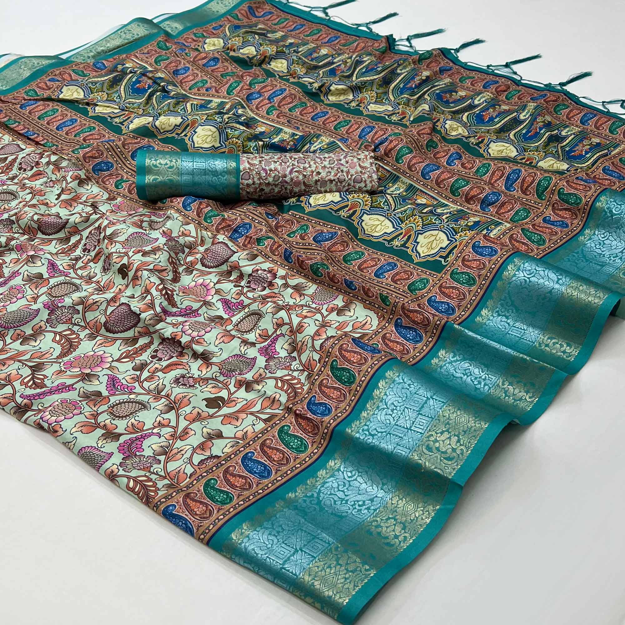 Blue Floral Digital Printed Pure Cotton Saree