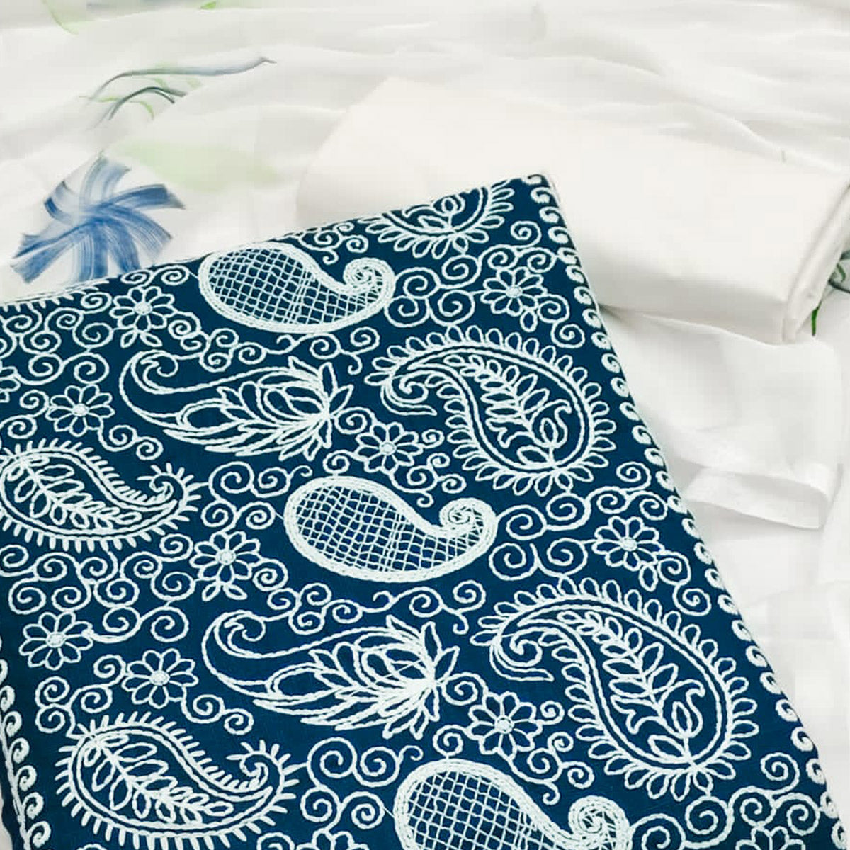 Teal Blue Embroidered Cotton Blend Dress Material