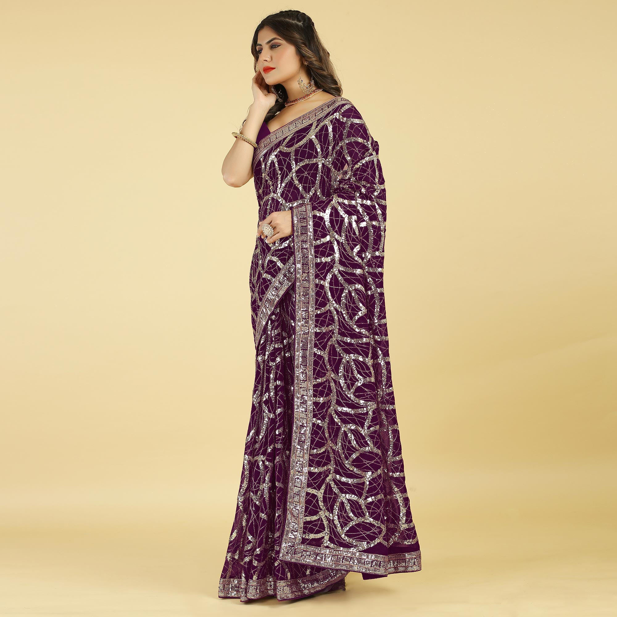 Wine Sequins Work Georgette Saree