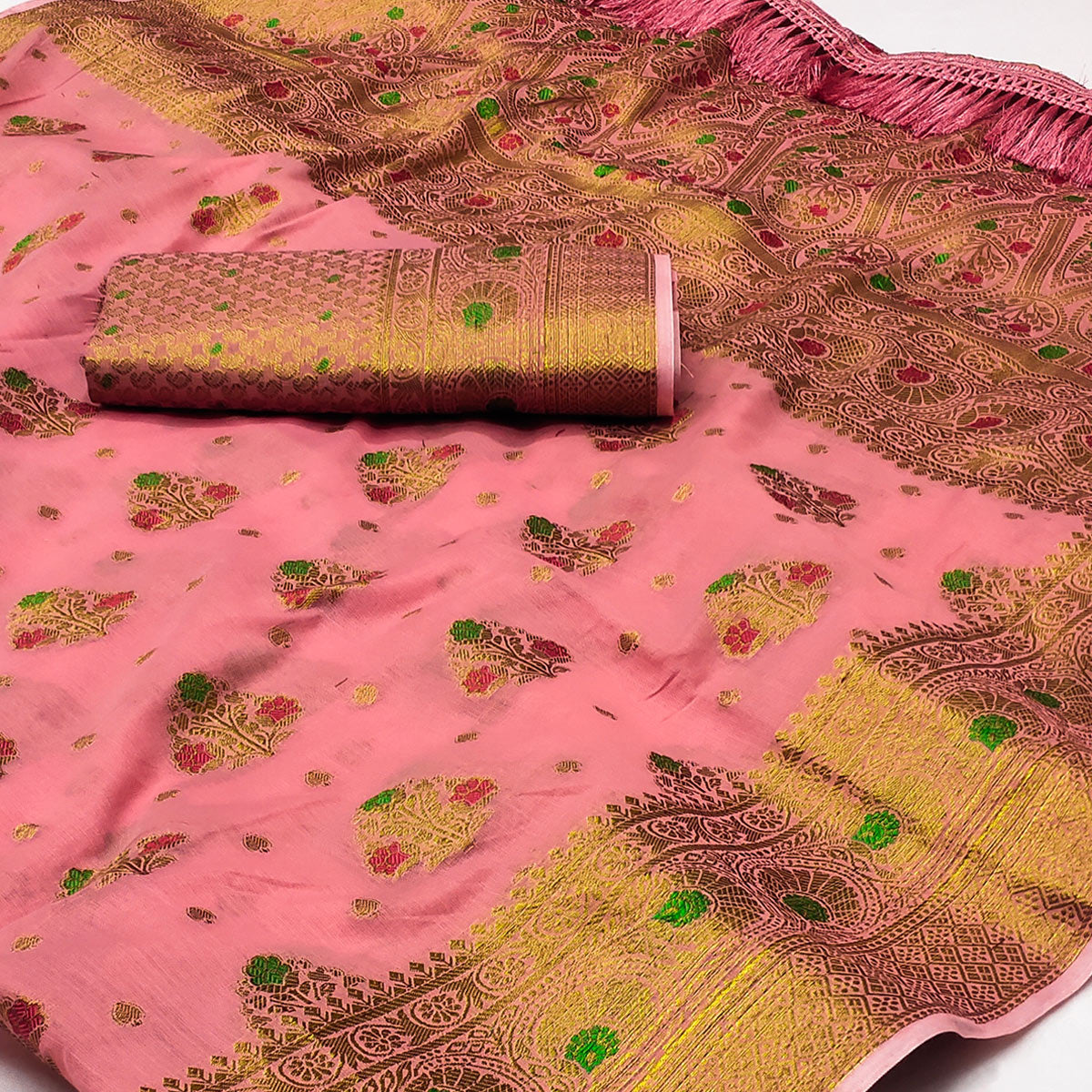 Pink Woven Cotton Blend Saree With Tassels