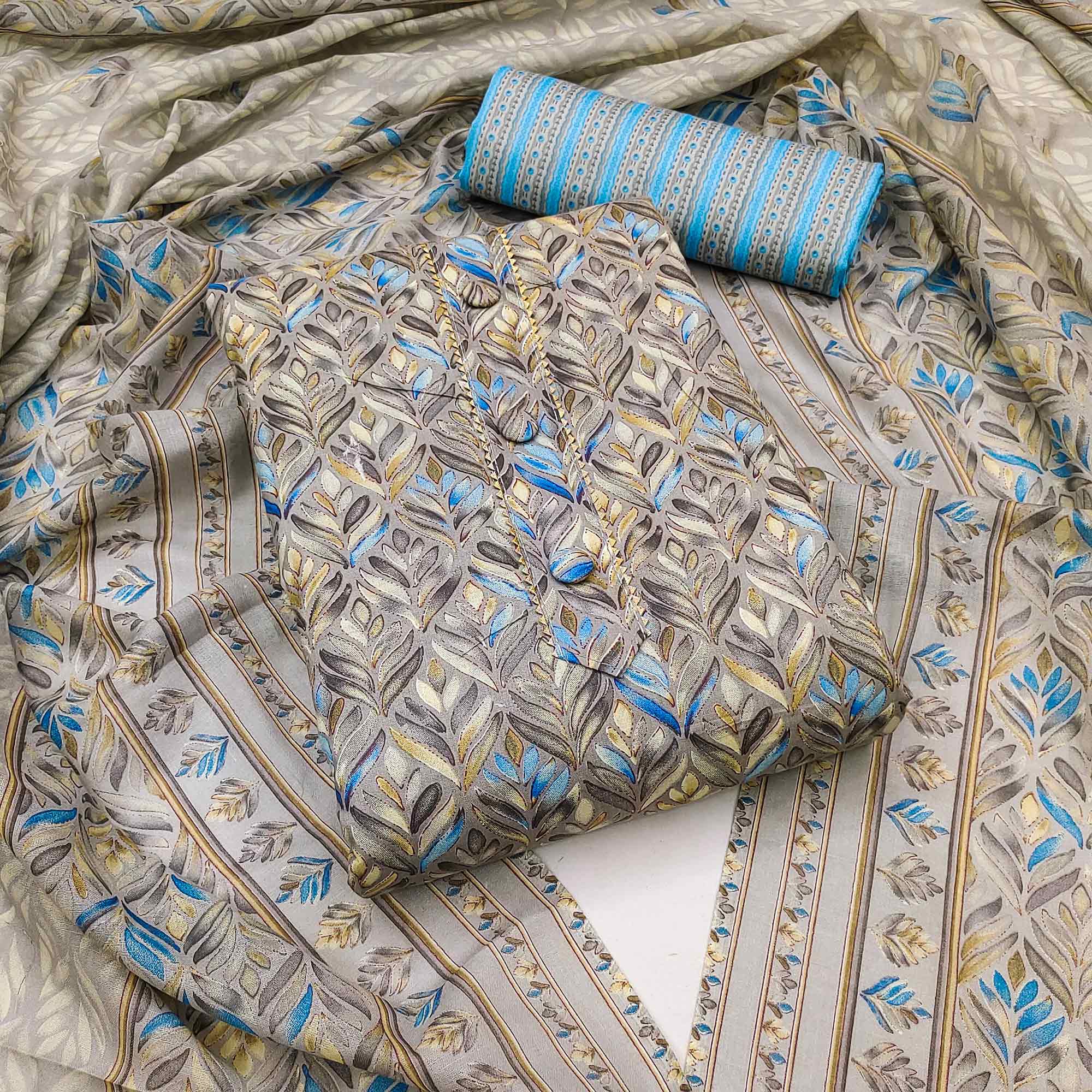 Grey Printed Cotton Blend Dress Material