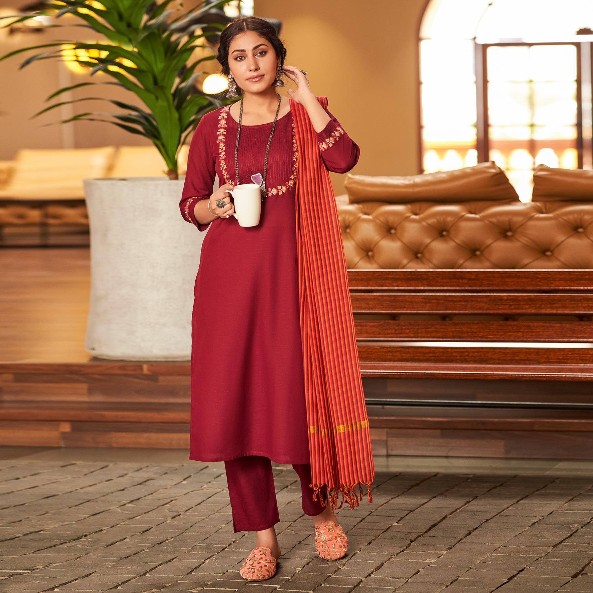 Maroon Embroidered Pure Cotton Suit