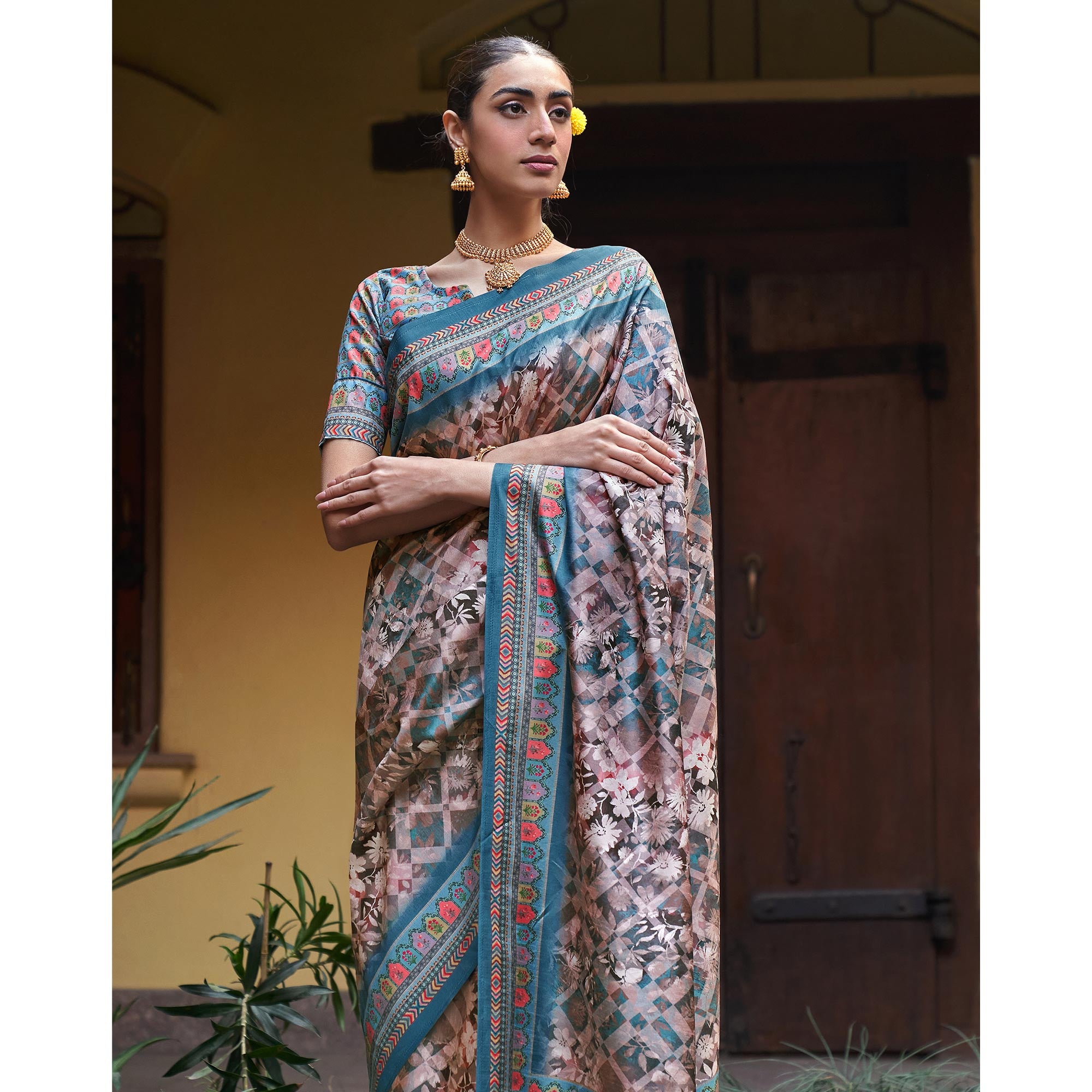 Mauve Digital Printed Satin Saree