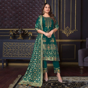 Teal Green Woven Banarasi Silk Salwar Suit
