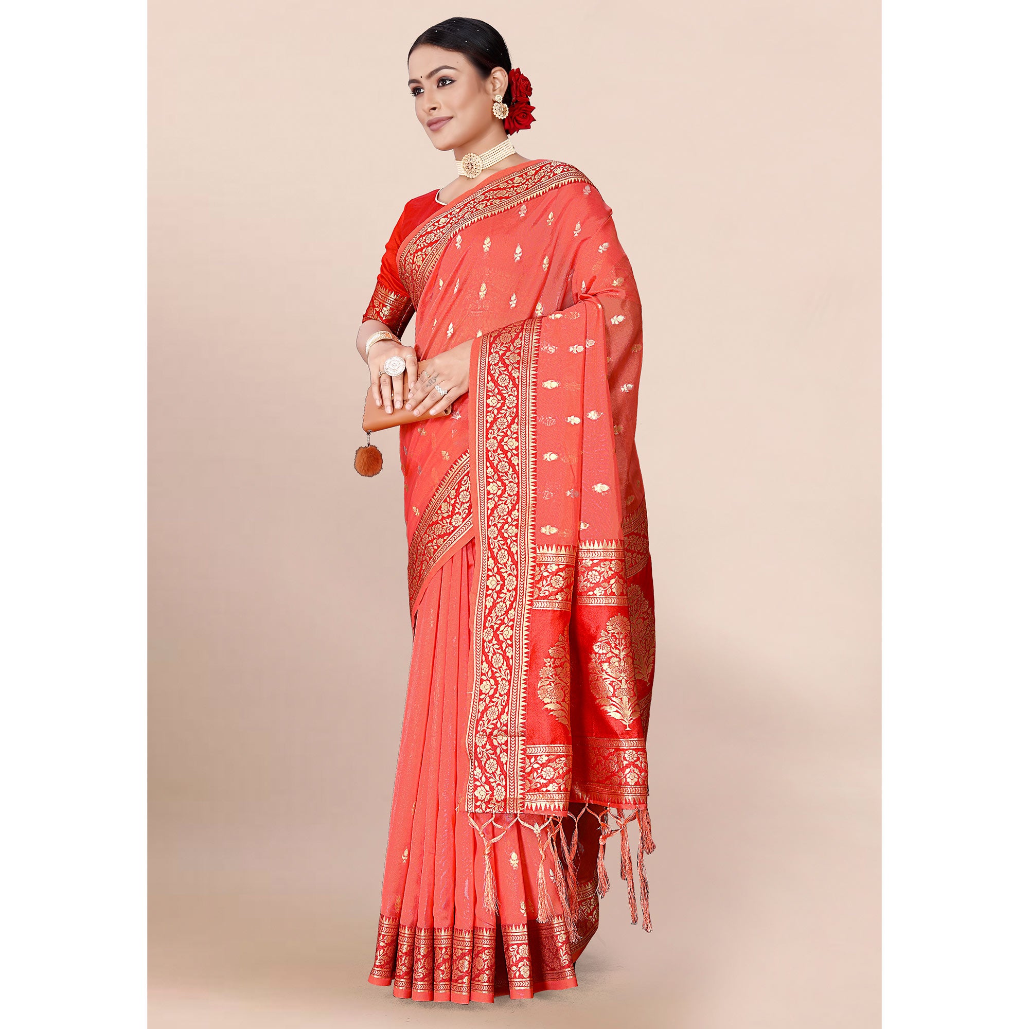 Pink Woven Organza Saree With Tassels