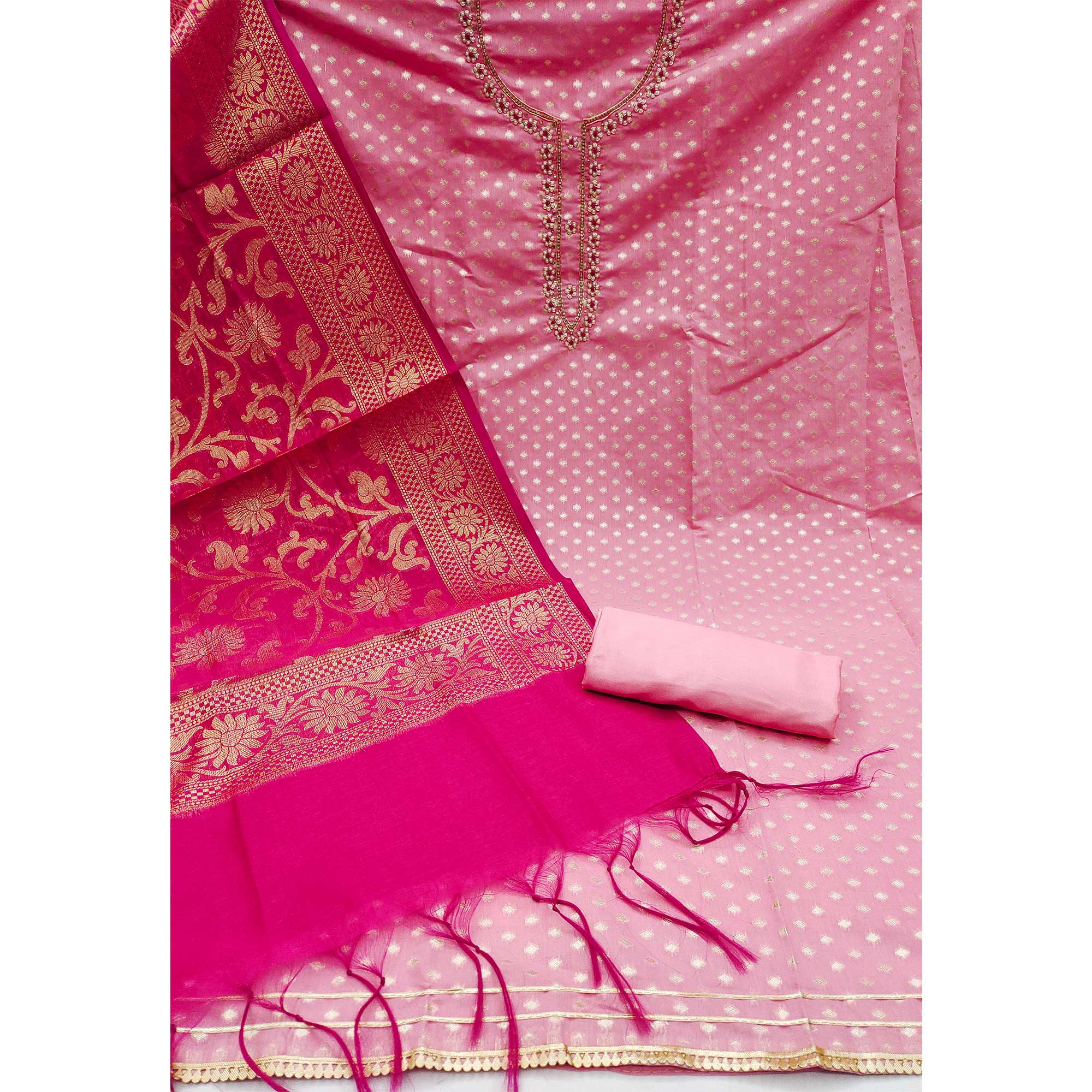 Pink Woven Banarasi Silk Dress Material