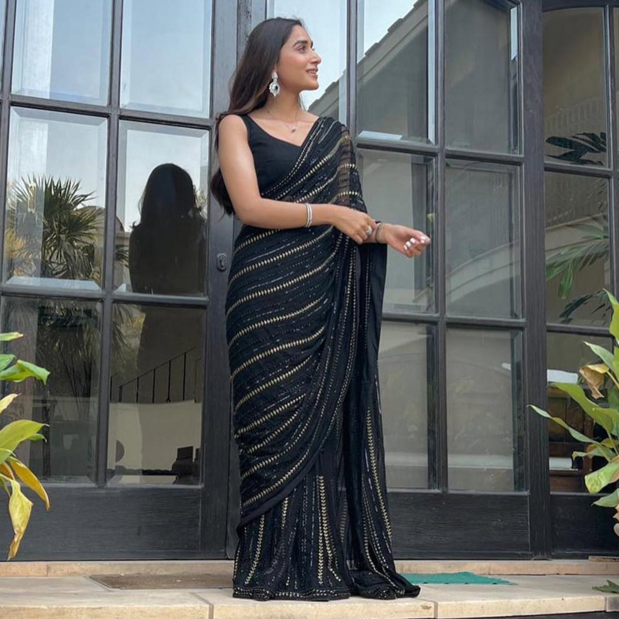 Black Sequins Embroidered Georgette Saree