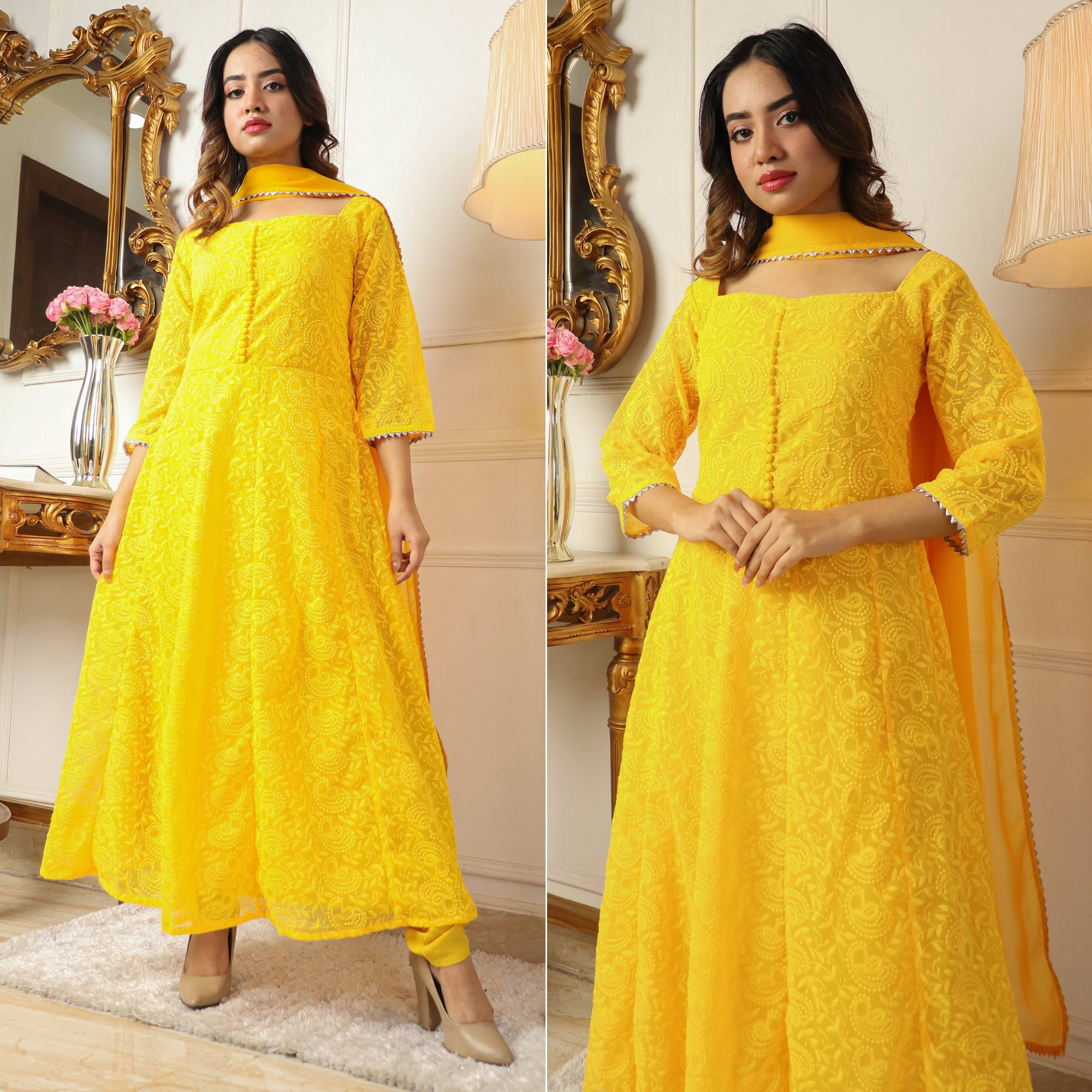 Yellow Chikankari Work Georgette Anarkali Suit