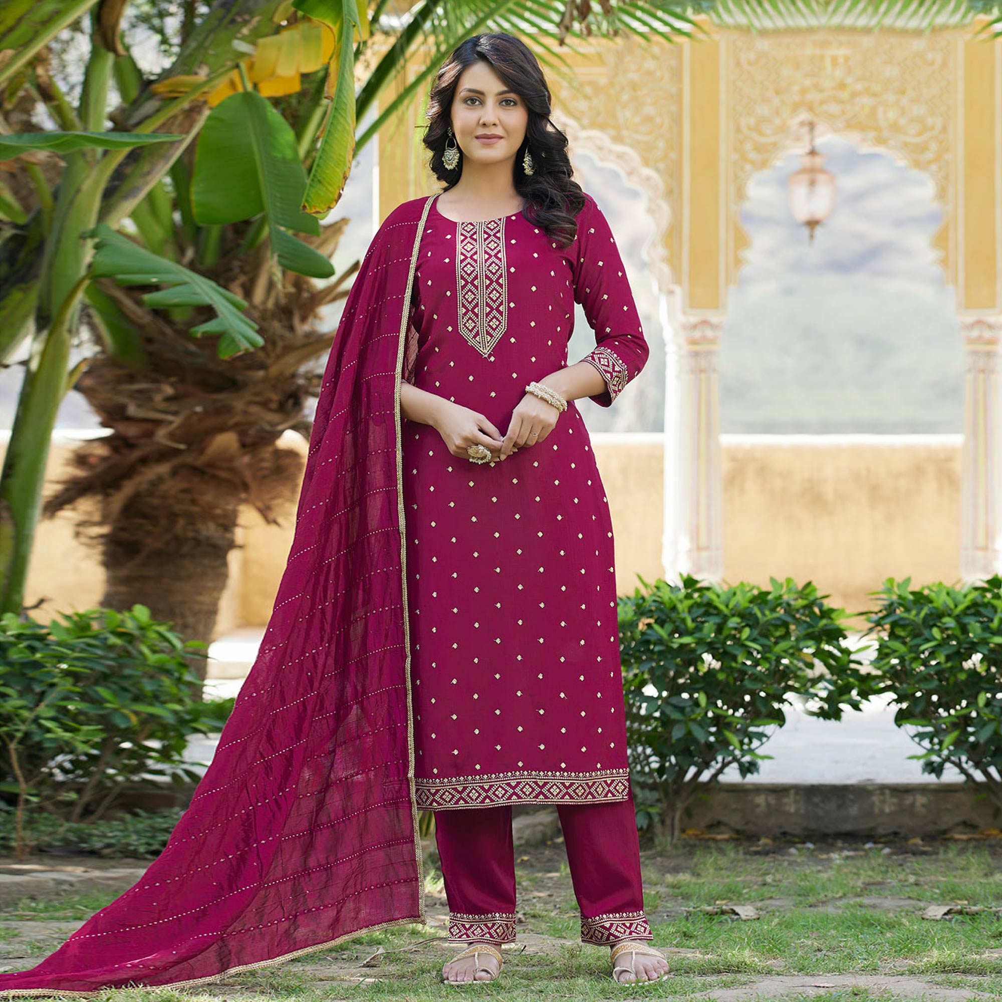 Magenta Maroon Embroidered Cotton Salwar Suit