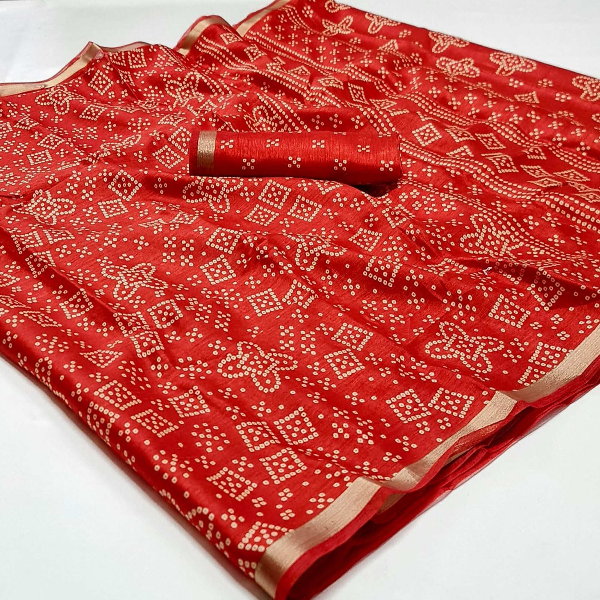 Red Bandhani Printed Art Silk Saree