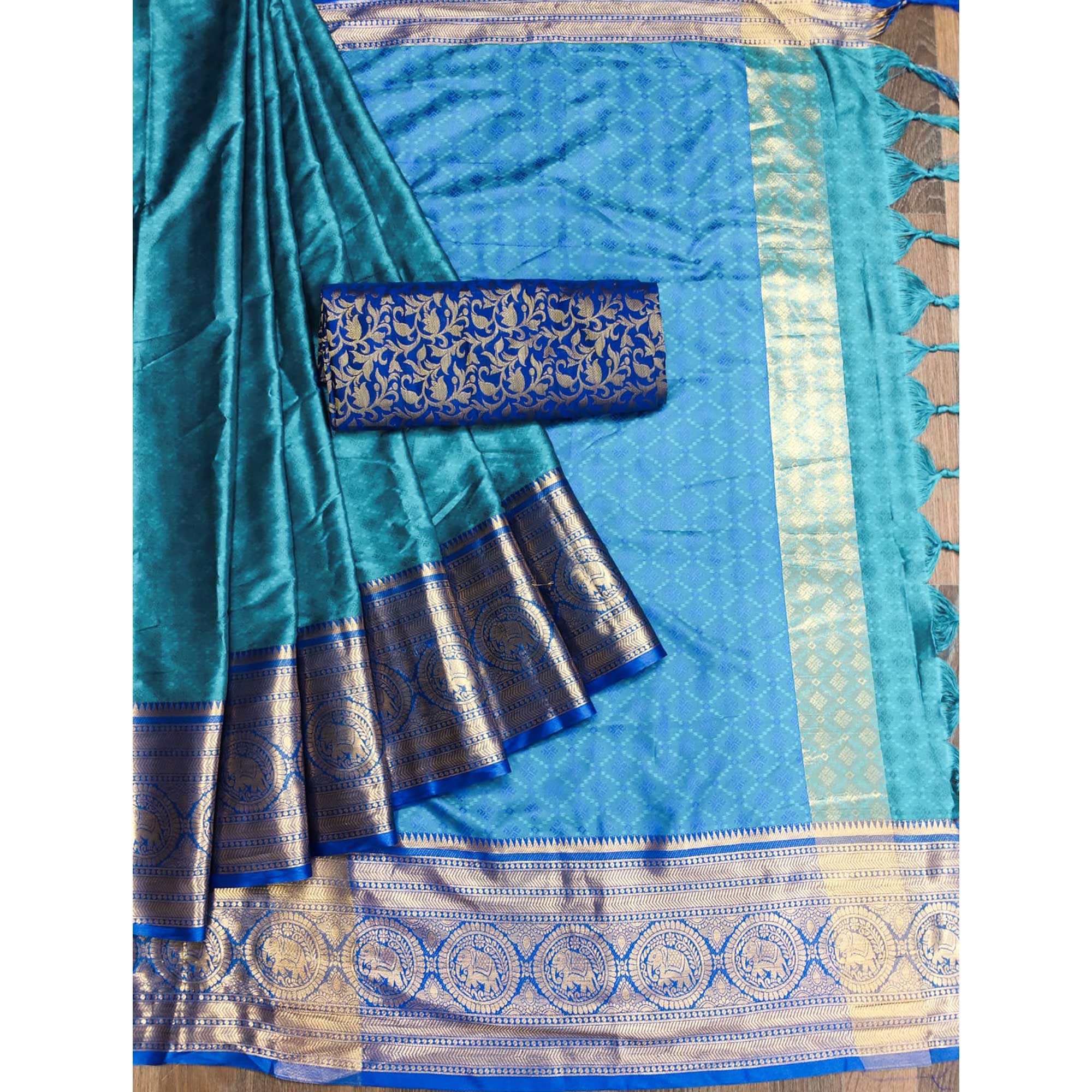 Firozi Woven Cotton Silk Saree With Tassels