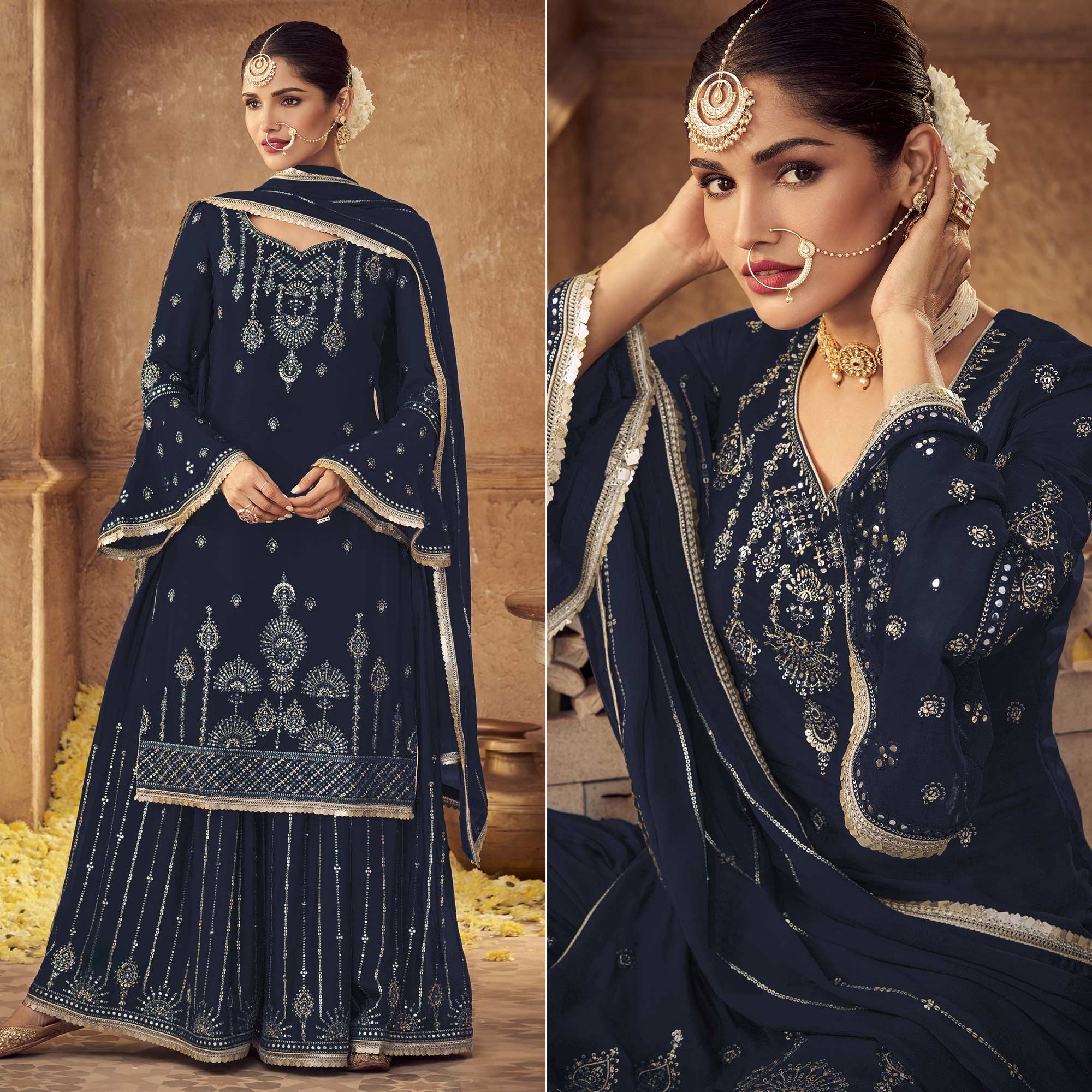 Navy Blue Sequins Embroidered Georgette Sharara Suit