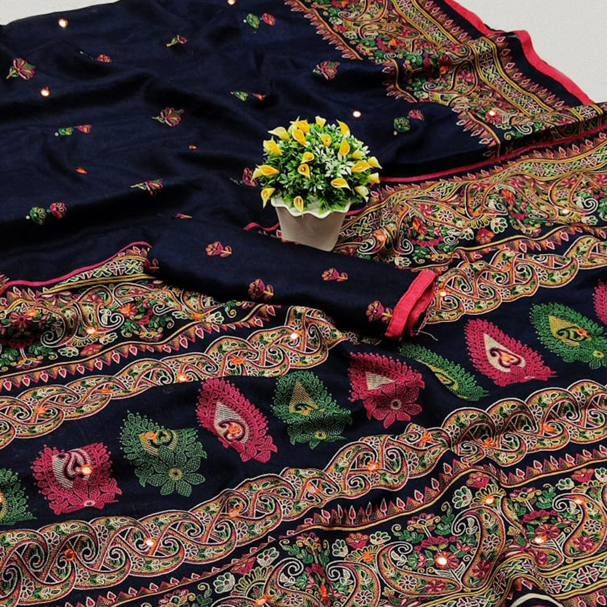 Navy Blue Printed Cotton Blend Saree With Tassels