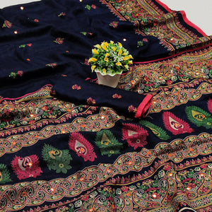 Navy Blue Printed Cotton Blend Saree With Tassels