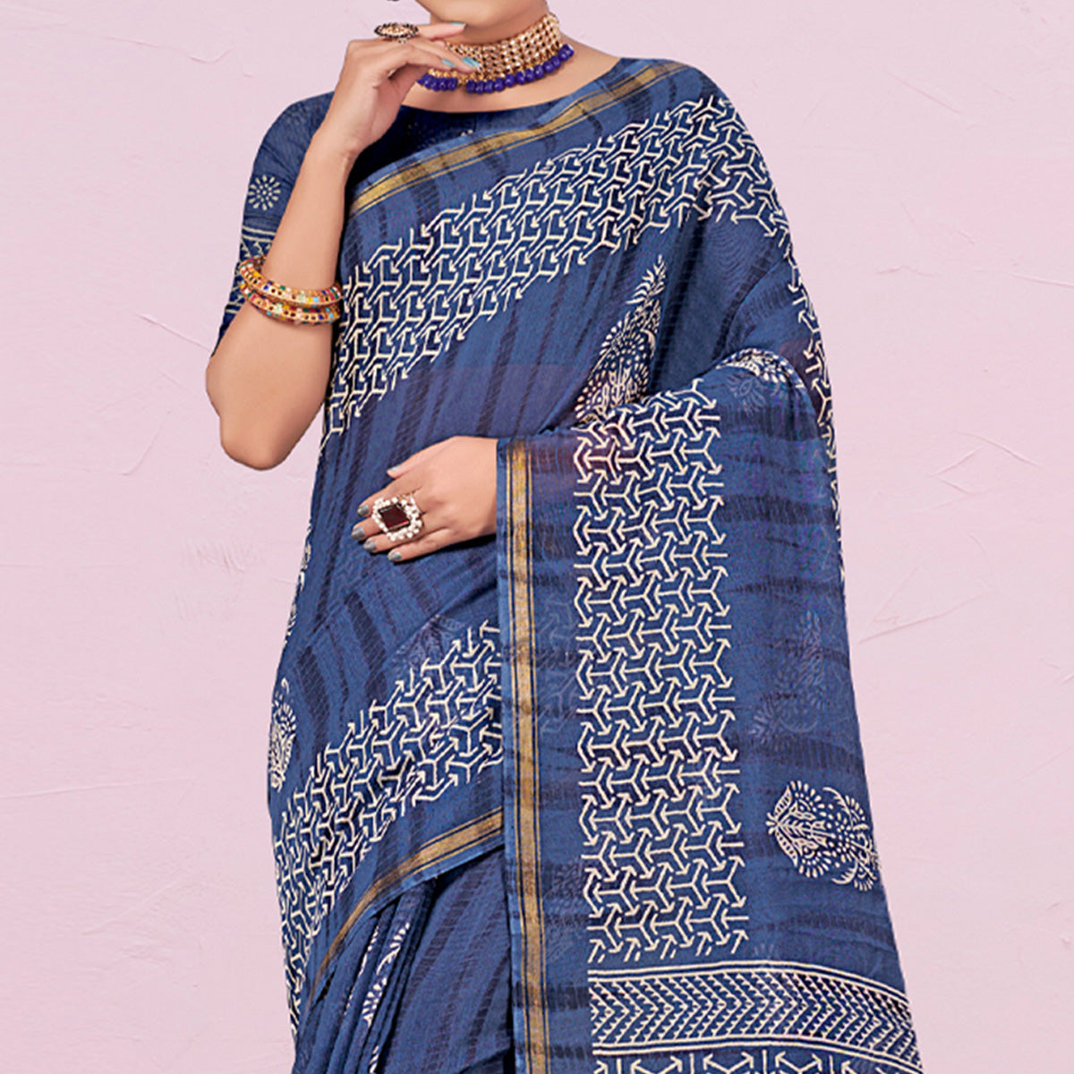 Blue Printed Cotton Saree