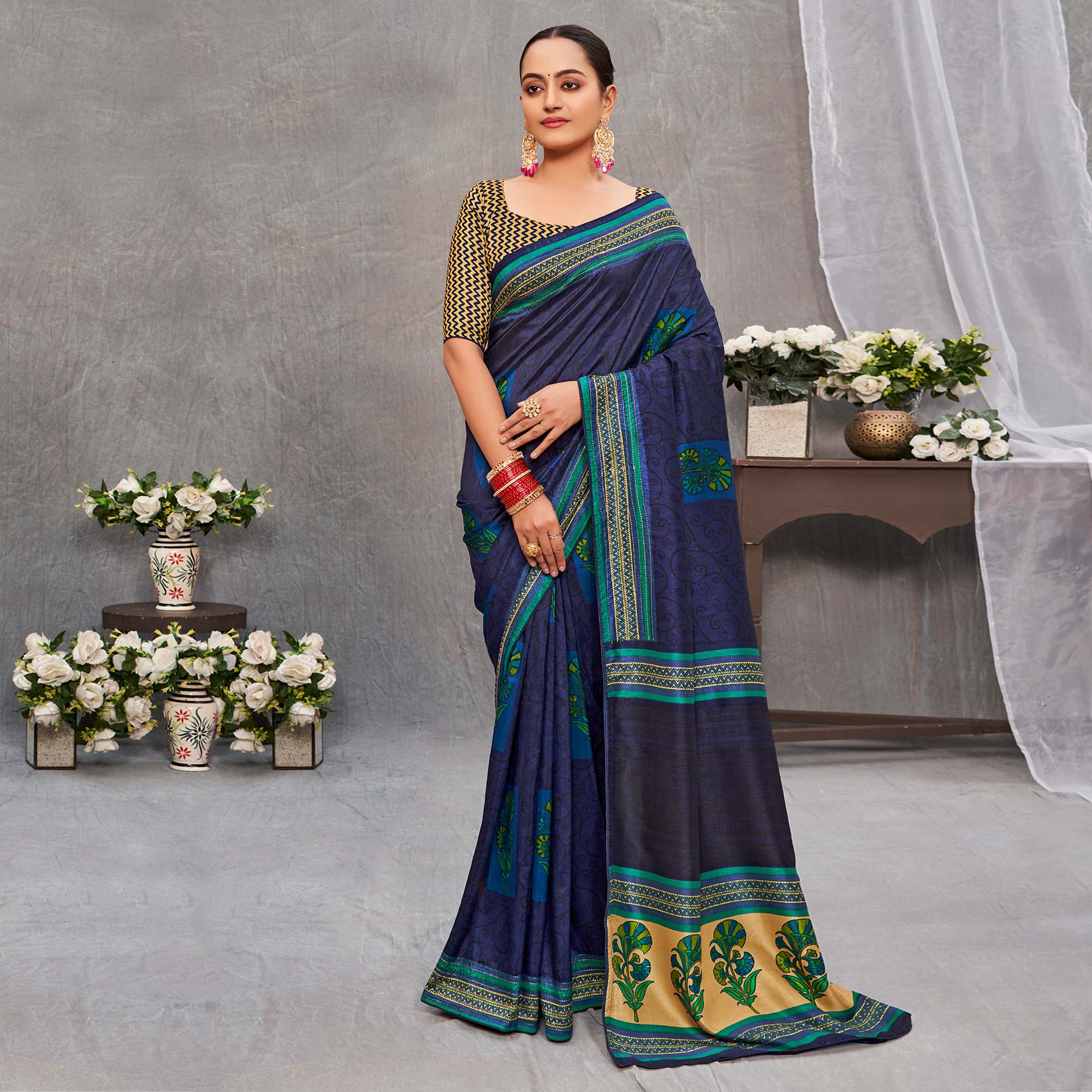 Blue Printed With Embroidery Tussar Silk Saree