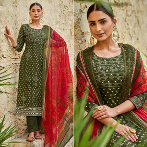Olive Green Bandhani Printed Pure Cotton Salwar Suit