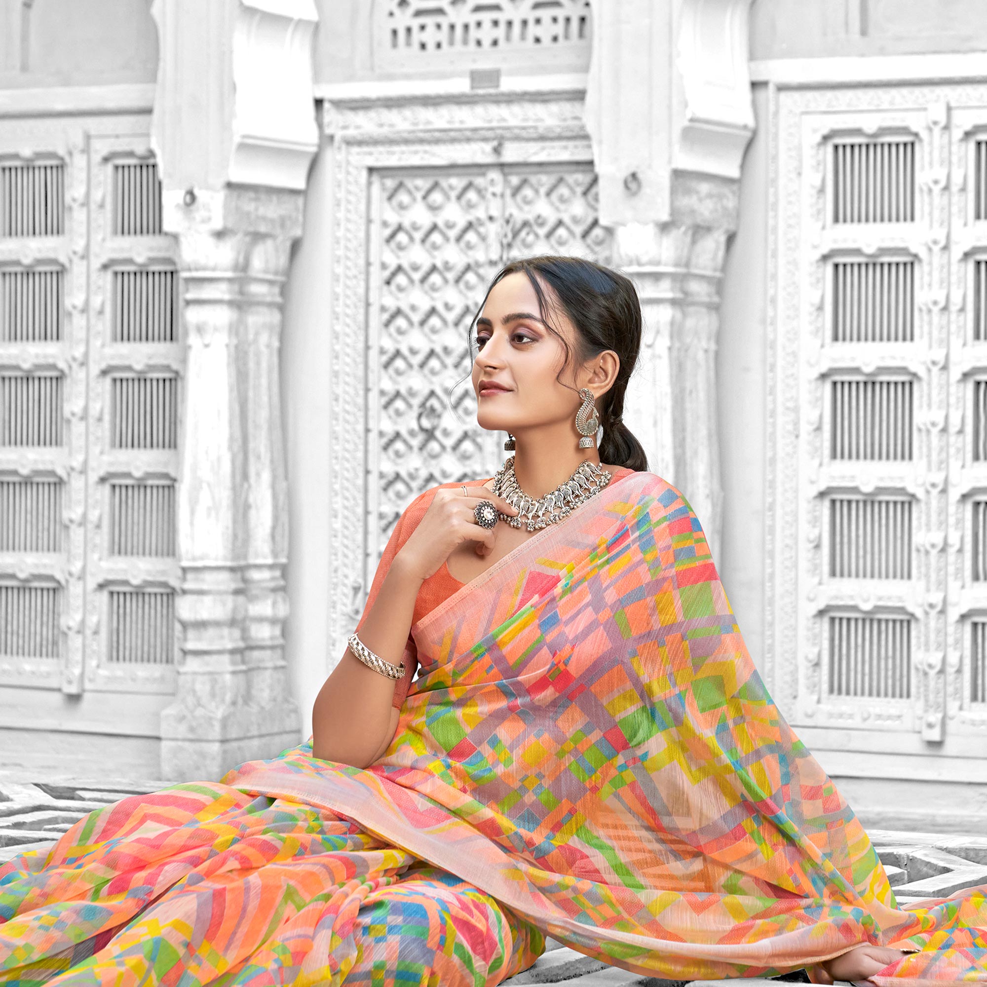 Peach Printed Cotton Blend Saree