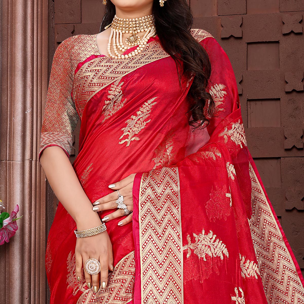 Red Floral Woven Organza Saree