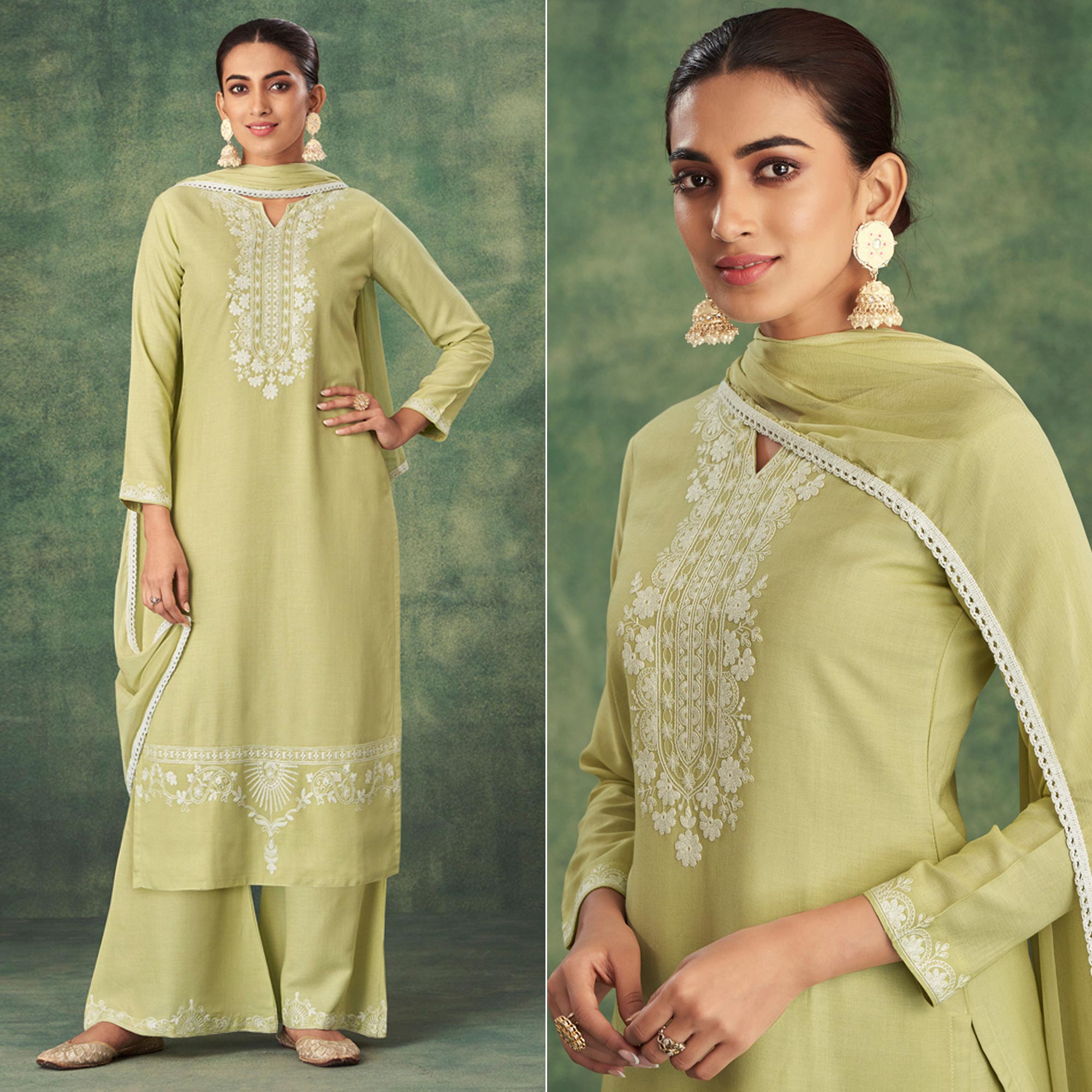 Green Floral Lucknowi Rayon Palazzo Suit