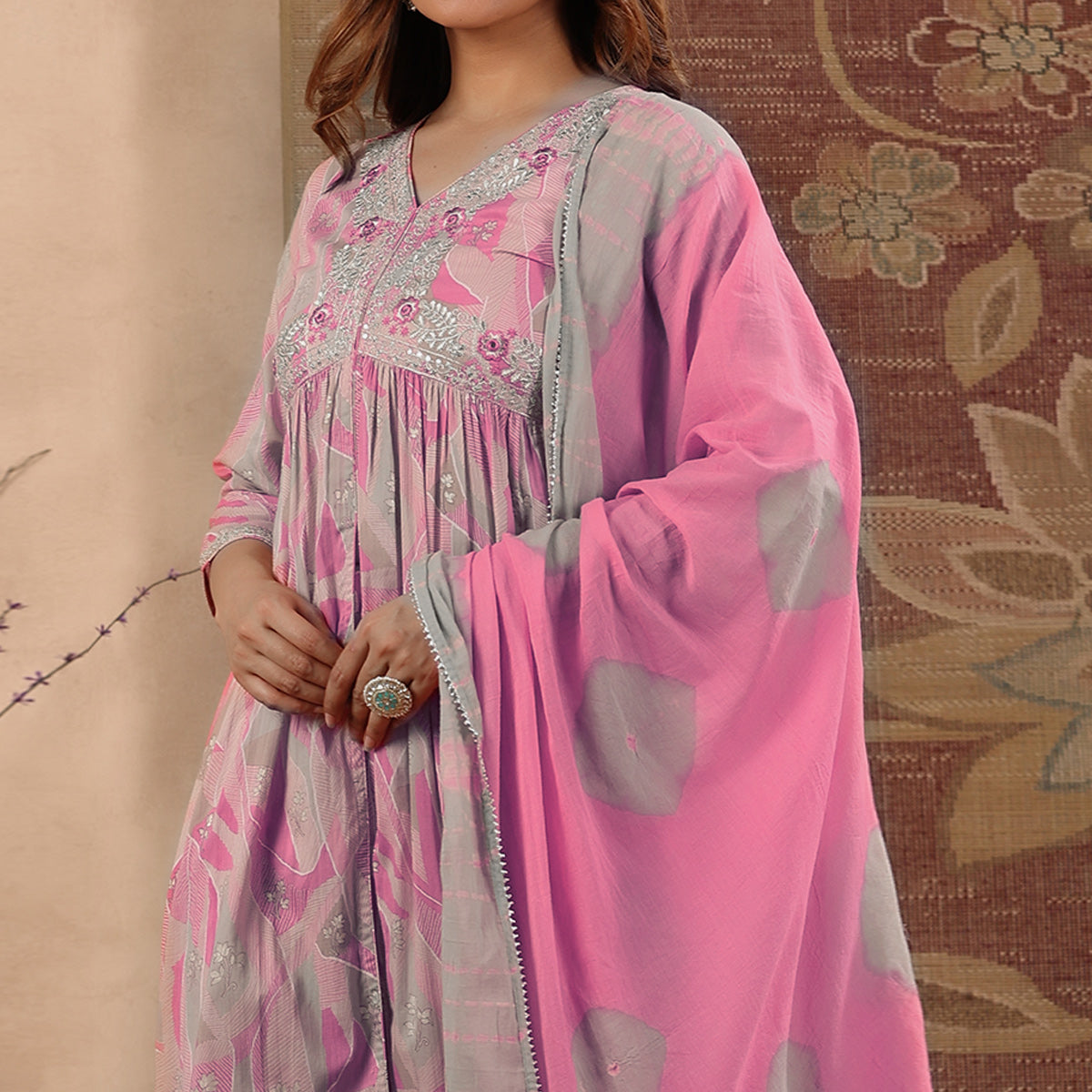 Pink Floral Printed With Embroidered Pure Cotton Suit