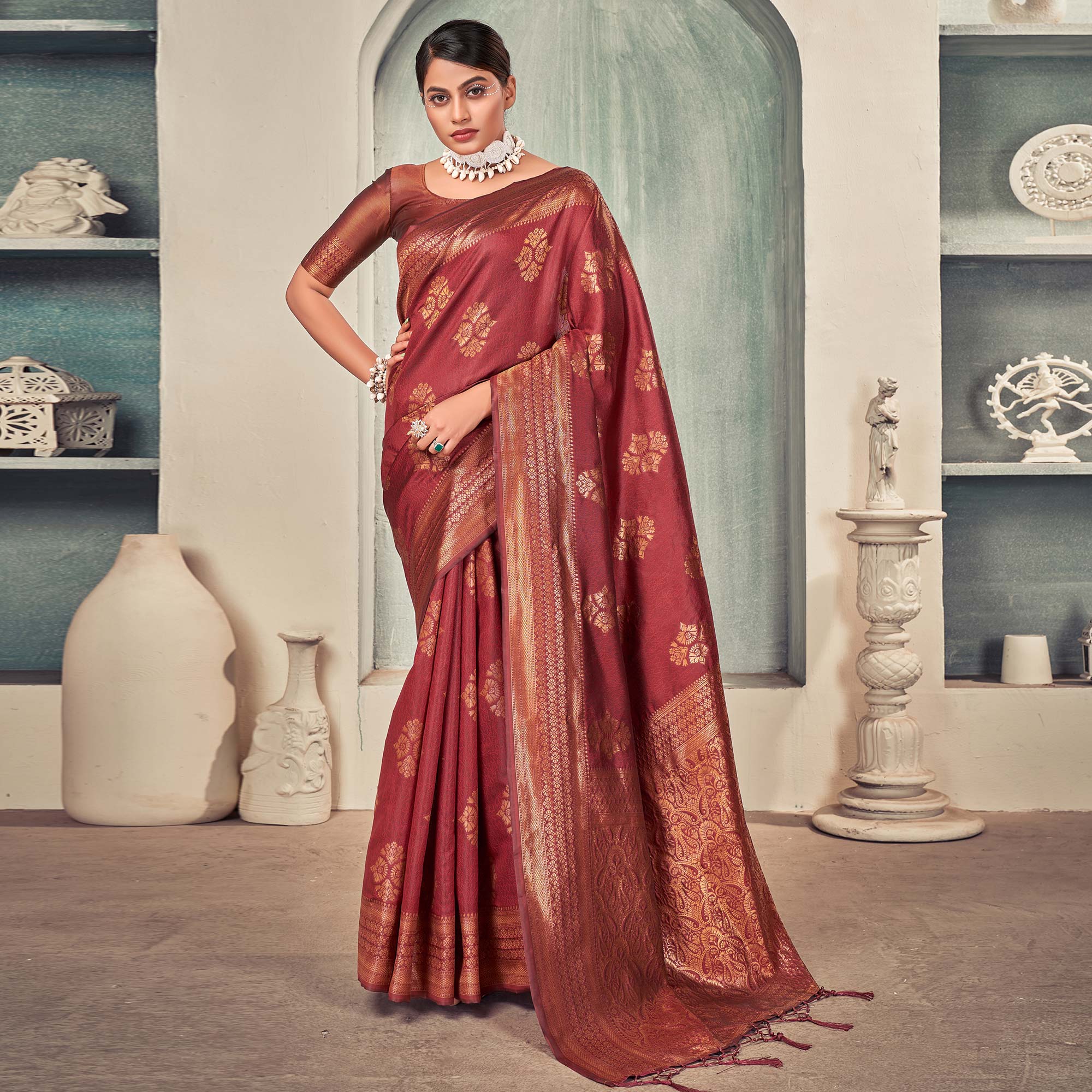 Red Woven Art Silk Saree With Tassels