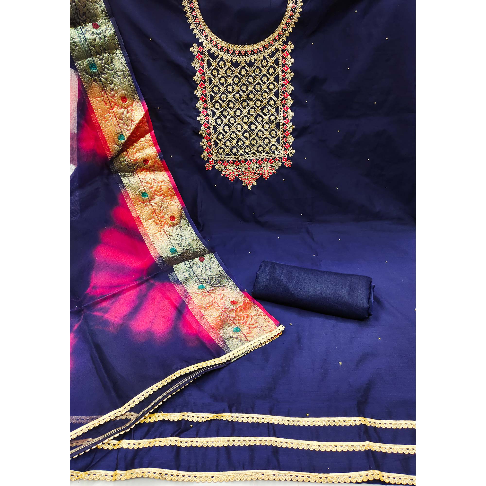 Navy Blue Embroidered Modal Dress Material