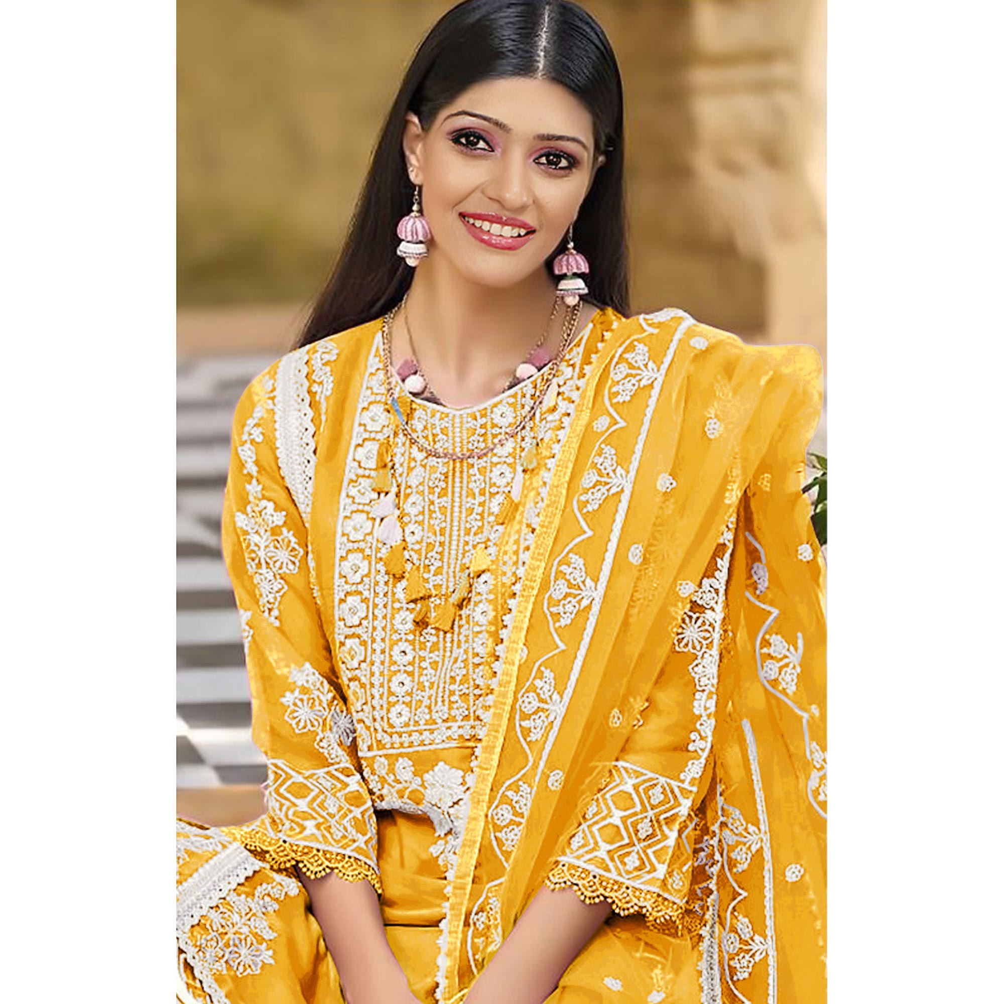 Yellow Floral Embroidered Organza Pakistani Suit